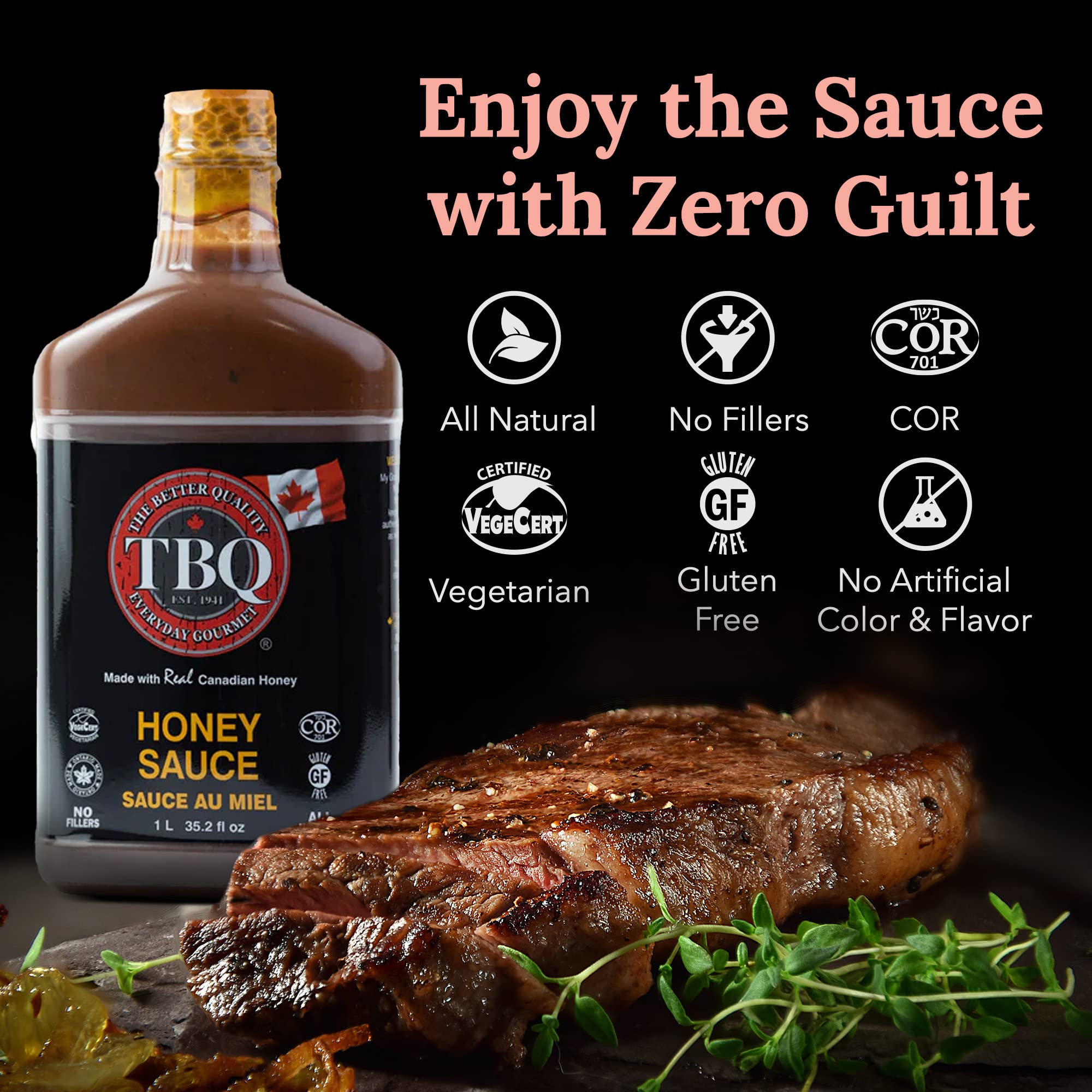 TBQ – Honey Barbecue Sauce | Vegan Honey Hot BBQ Sauce | Kosher & MSG-Free Marinade for Salmon, Ribs, Vegetables | Made with Real Canadian Honey | 1L (35.2 fl oz) | Perfect for Grilling, Roasting & Dipping