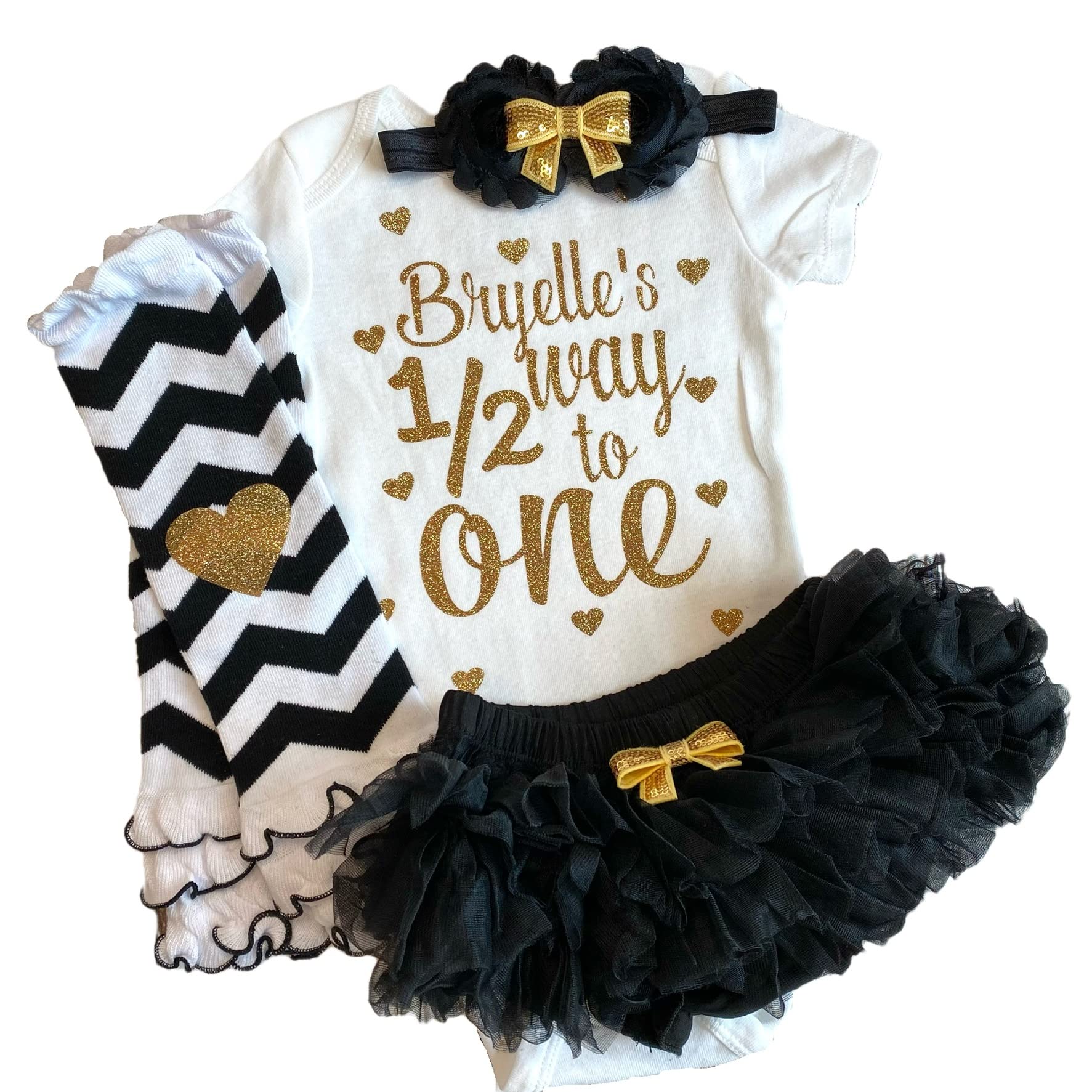 Personalized 6-Month Baby Girl Outfit - Halfway to One Birthday Set with Optional Tutu, Bloomers, Headband & Leg Warmers (Black & Gold) - Perfect for Photoshoots, First Birthday Celebrations & Special Occasions
