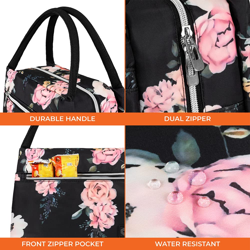 Insulated Lunch Bag for Women & Girls - Reusable Cooler Tote for Work, School, Travel & Picnic - Fits 11 Cans - Floral Rose Design Lunch Box for Adults - Perfect for Office, Hiking and Daily Commute