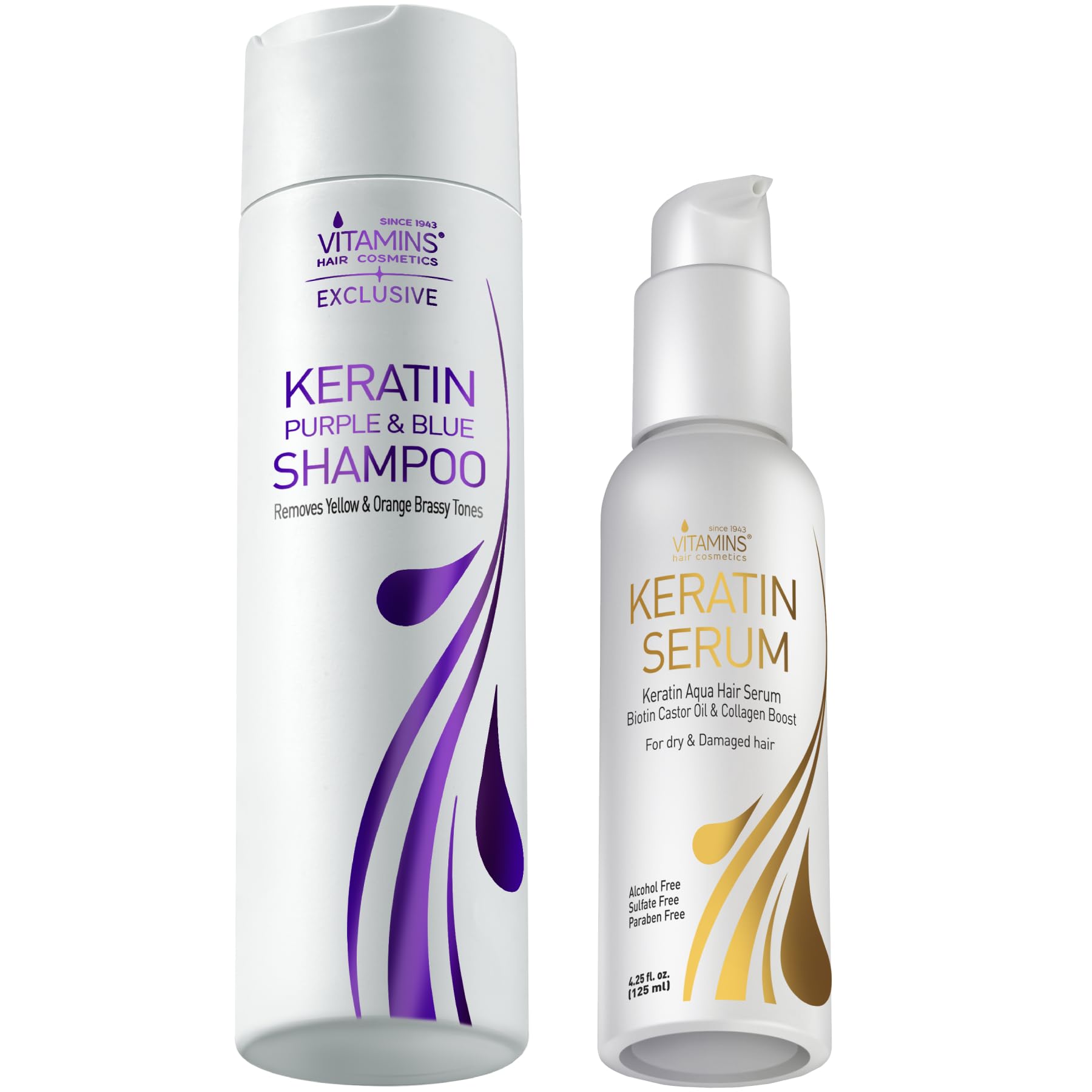 Keratin Purple Shampoo & Hair Serum Kit - Violet Blue Shampoo for Bleached Blonde, Platinum, Silver, White & Gray Hair | Anti-Brassiness, Heat Protectant & Frizz Control | Gloss Boosting Treatment for Dry, Damaged Hair | Perfect for Color-Treated & Chemically Processed Hair