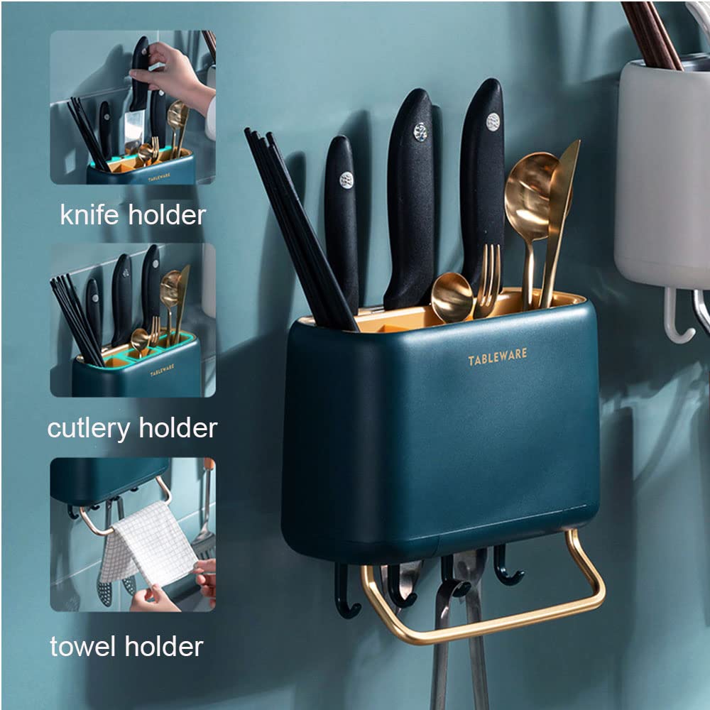 Multifunctional Kitchen Utensil Organizer - Wall Mounted Storage Rack with Hooks, Knife Holder, Towel Rack & Flatware Slot | Space Saving Cookware & Cutlery Organizer (Green) - Perfect for Small Kitchens, Apartments & RVs