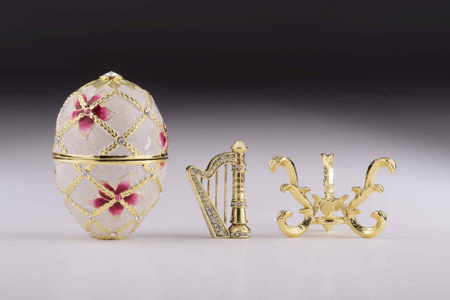 Exquisite White Russian Faberge Egg Trinket Box with Flowers & Harp Surprise - Handcrafted Austrian Crystal Decorated Collectible Easter Gift for Home Decor, Jewelry Storage & Holiday Display