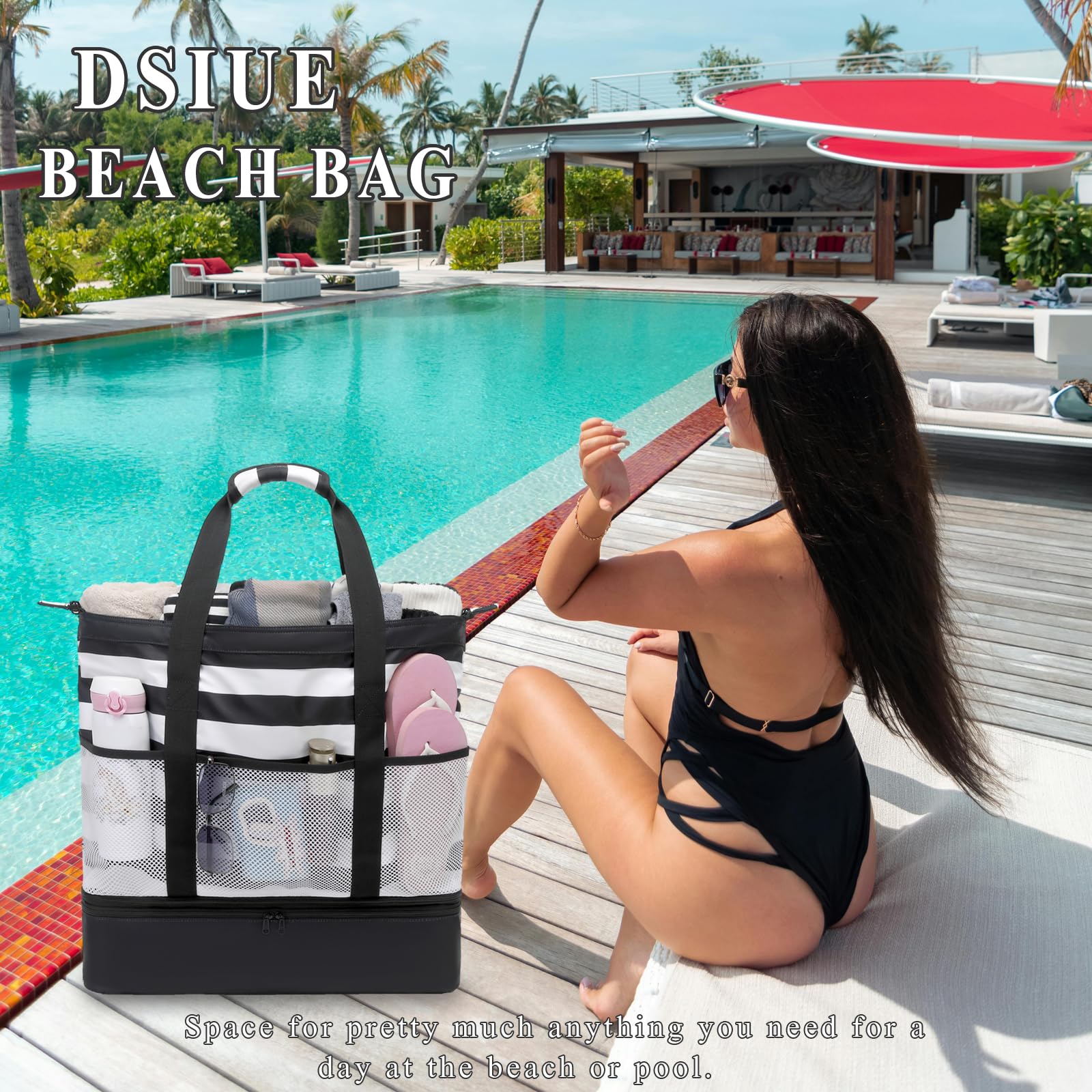 DSIUE Waterproof Beach Bag with Cooler - Large Sandproof Tote for Women - Perfect for Pool, Gym, Travel & Summer Outings