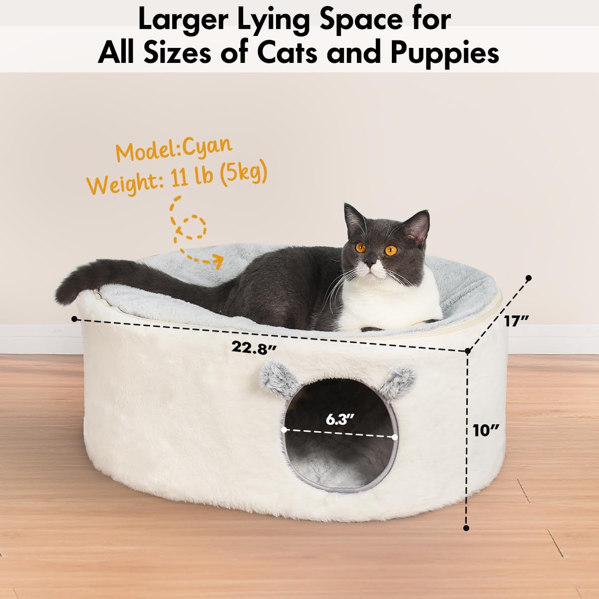 Cozy Fluffy Cat Cave Bed for Indoor Cats - Large Enclosed Cat House with Removable Washable Cover, Perfect for Kittens & Small Dogs | Oval Cat Hideaway for Sleeping & Relaxing in Living Room or Bedroom