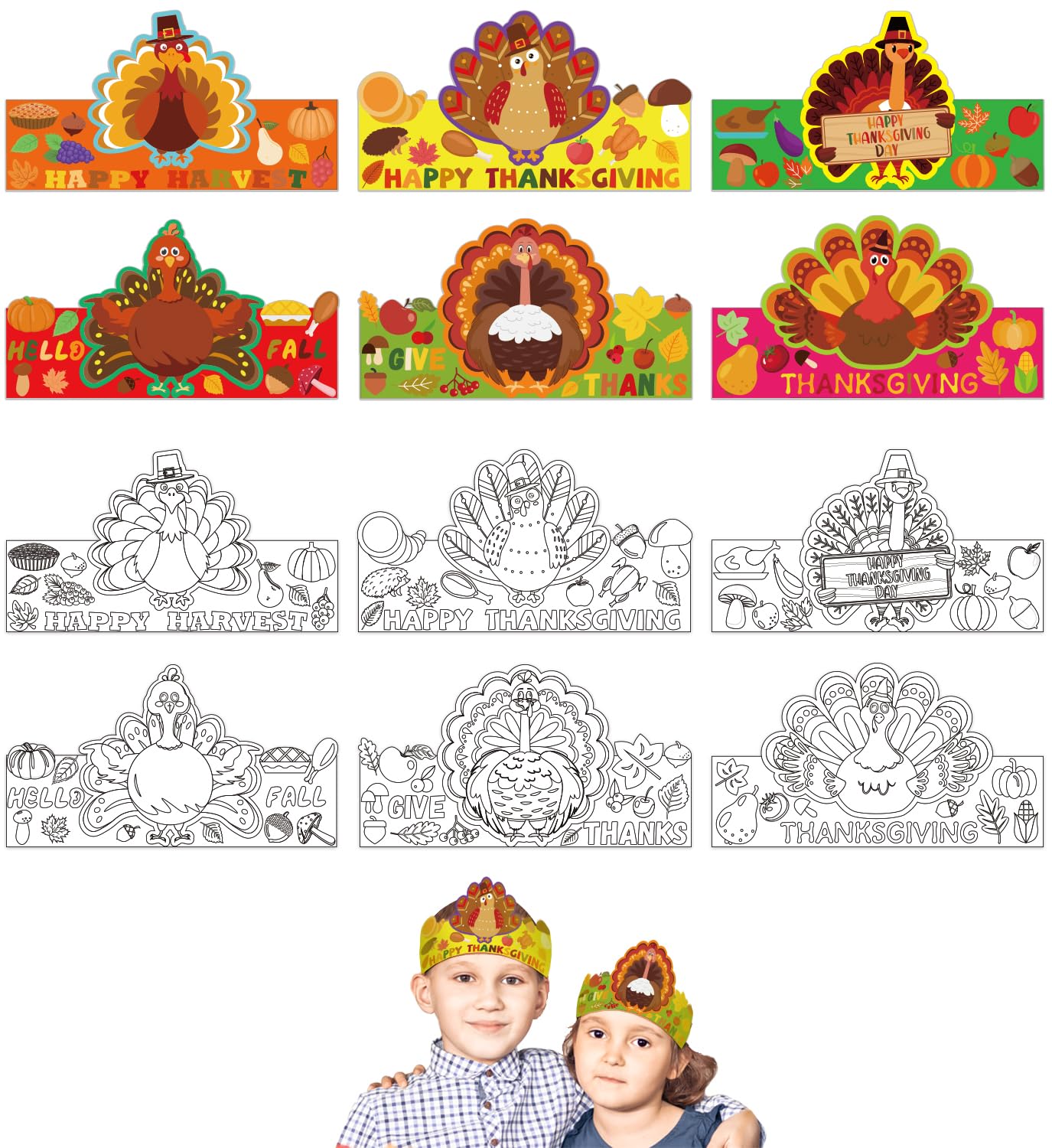 36-Piece DIY Thanksgiving Turkey Coloring Crowns Kit - Color Your Own Turkey Paper Headbands & Hats for Thanksgiving Party Decorations, Classroom Activities, Kids Crafts - Perfect for Thanksgiving Celebrations, School Events & Holiday Fun