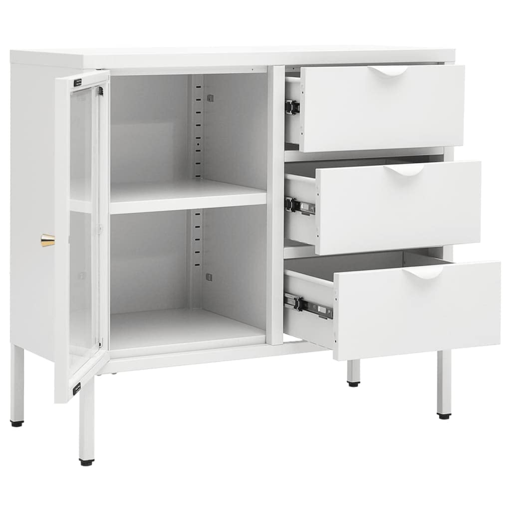 FAMIROSA Modern White Steel Sideboard Cabinet with 3 Drawers & Adjustable Shelf - 29.5