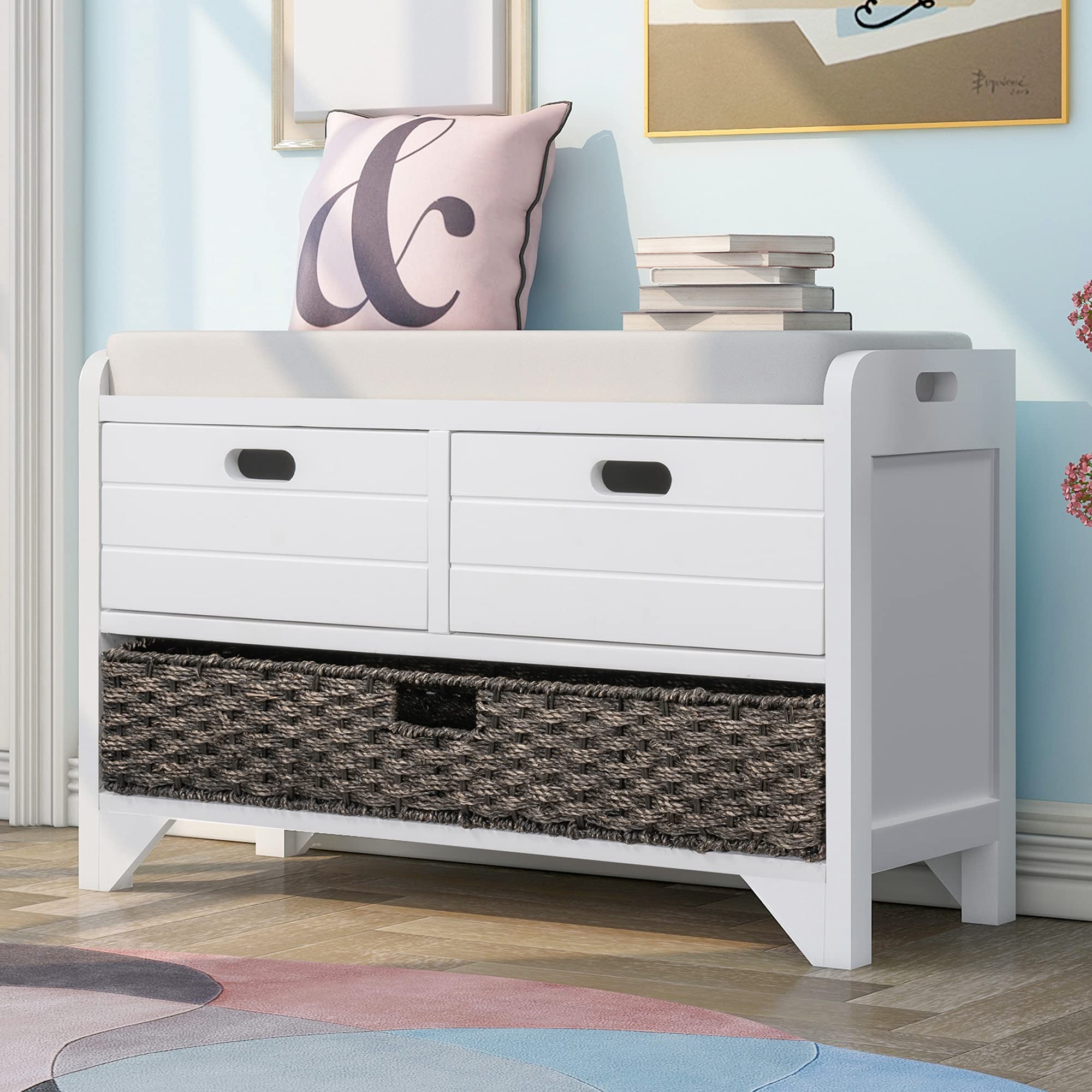 Merax 2-Drawer Storage Bench with Removable Basket & Cushion - Fully Assembled Entryway Shoe Bench for Hallway, Bedroom & Living Room Organization