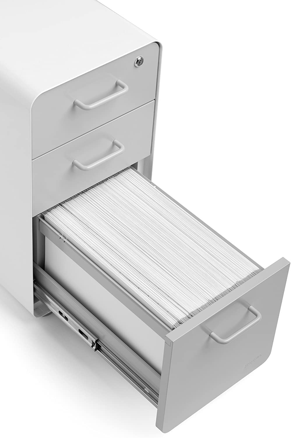Poppin Slim Stow 3-Drawer File Cabinet - White & Light Gray | 2 Utility Drawers + 1 Hanging File Drawer | Powder-Coated Steel Office Storage | for Home Office, Workspace & Classroom Organization