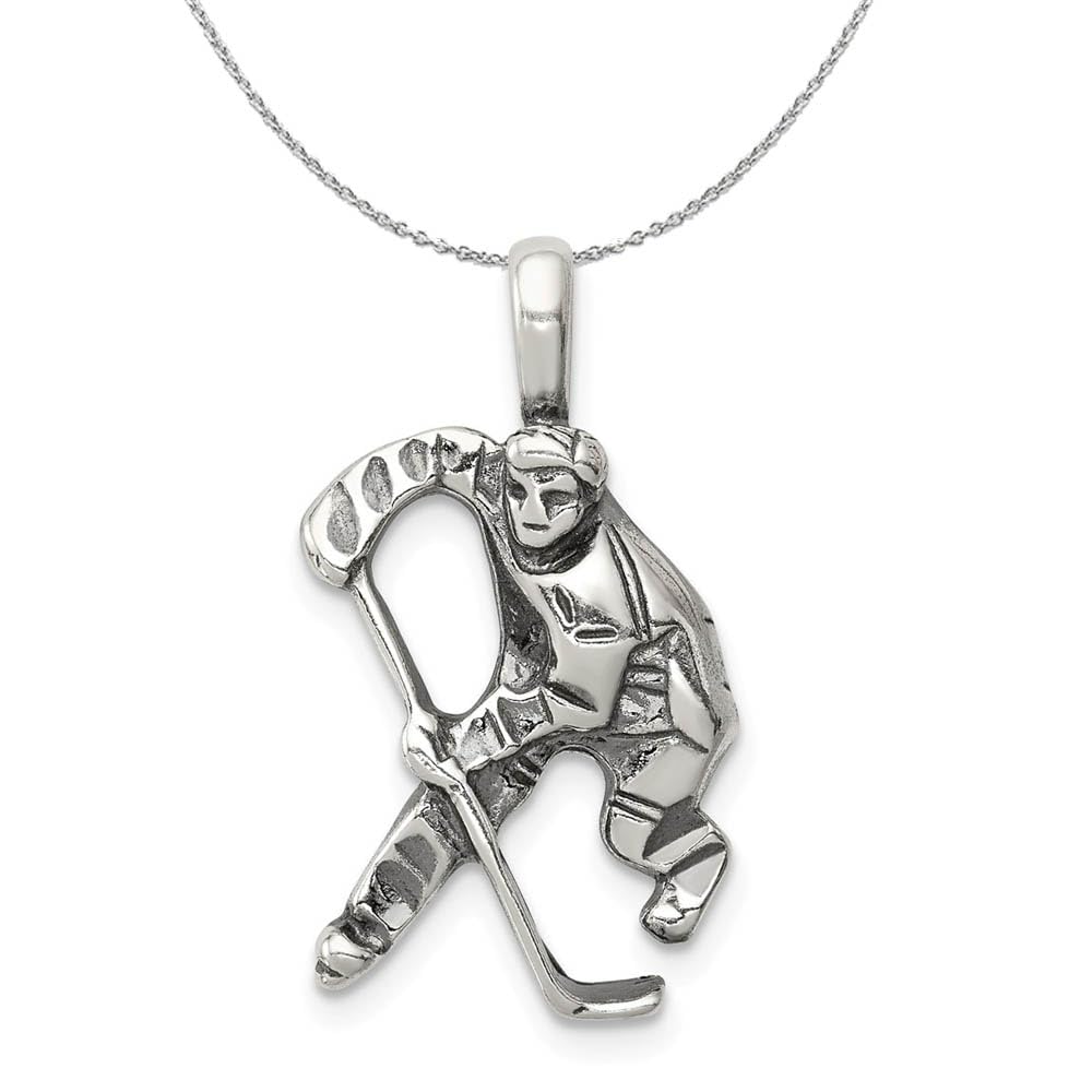 Antiqued Sterling Silver Hockey Player Necklace with Black Bow - Perfect Gift for Hockey Fans & Sports Lovers