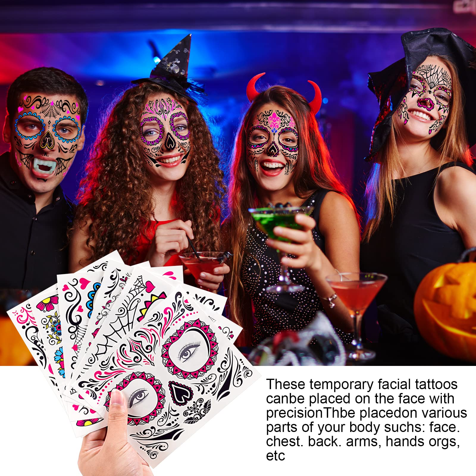 URAQT Halloween Temporary Tattoos for Adults - 12 Sheets Waterproof Zombie, Skull Face, Day of the Dead Makeup Stickers | Perfect for Halloween Parties, Costume Contests & Themed Events