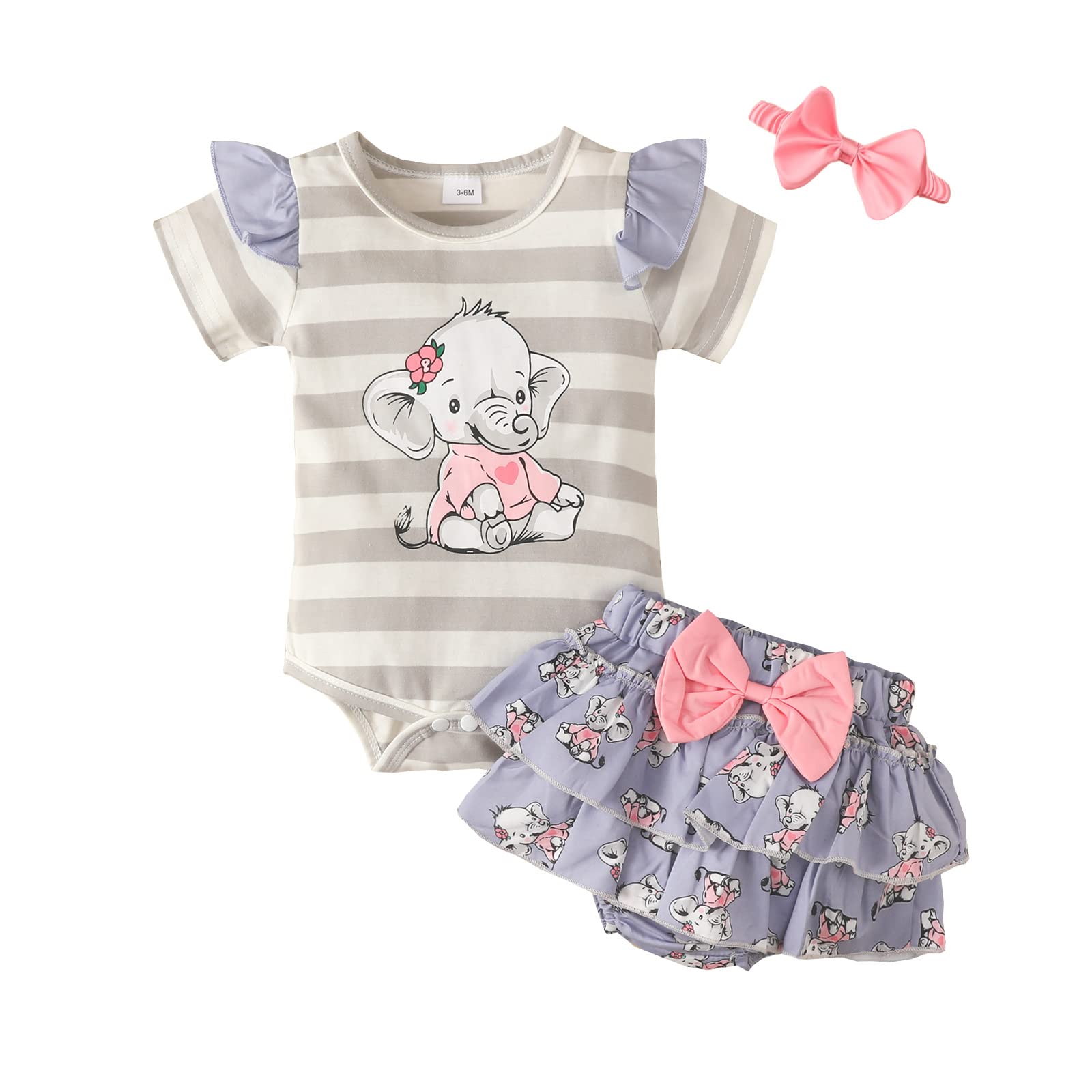 MEIAZM Newborn Baby Girl Summer Clothes Set - 3PCS Elephant & Cow Print Romper Outfits for 0-12 Months | Soft Cotton Infant Fashion for Playtime, Photo Shoots & Special Occasions
