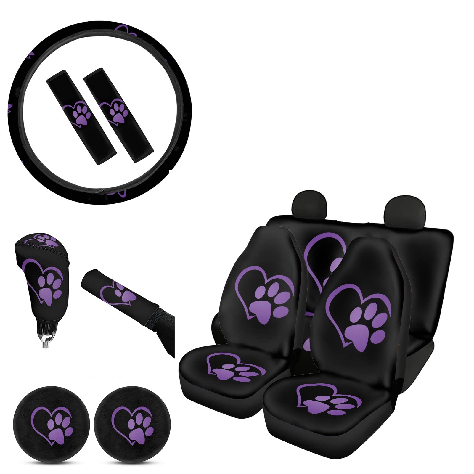 Premium 11-Piece Car Seat Covers Set with Dog Paw Design - Universal Fit for All Vehicles | Includes Front & Back Seat Cushions, Gear Shift Knob Cover, Handbrake Cover, Steering Wheel Cover & Seat Belt Pads | Perfect for Pet Lovers, Daily Commuting & Road Trips