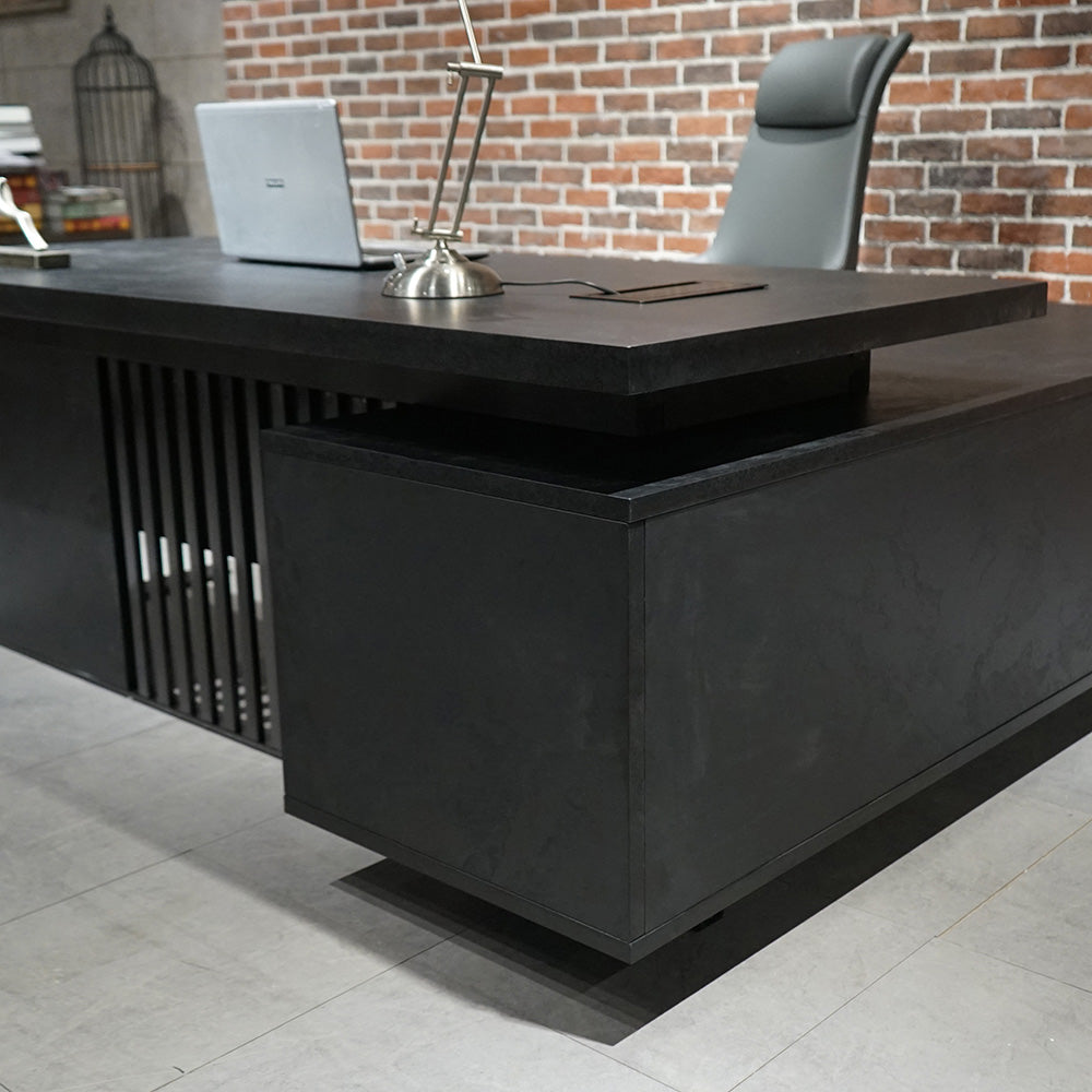 Premium DAXTON Black Executive Desk with Left Return - 200cm Black Concrete Finish | Modern Office Furniture for Home & Workspace
