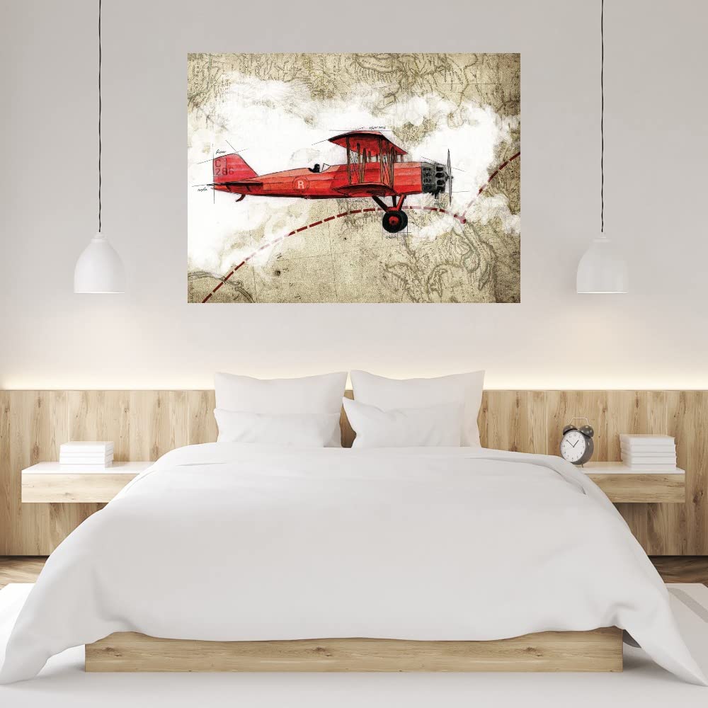 Biplane Aviation Art Canvas Wall Decor - 3-Panel Ready to Hang Painting for Living Room, Bedroom & Office - 32x24 Inches - Perfect for Home, Bar & Dining Room Decor