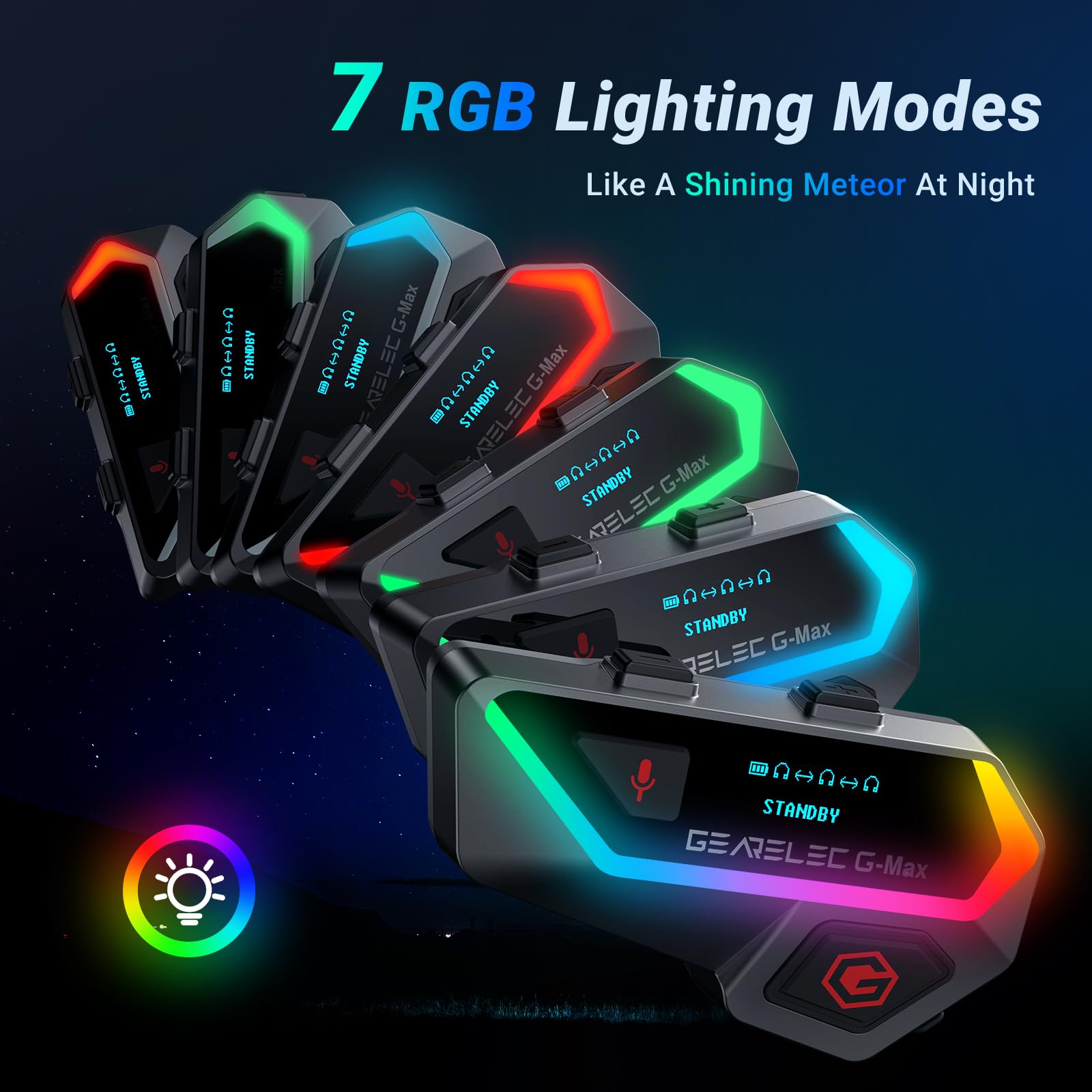 **Gearelec Motorcycle Bluetooth Headset – HiFi Stereo Sound, Screen & RGB Lights, 80Mph Clear Calls, 2000M Range, 6-Rider Intercom – Triple Noise Reduction, FM, Bluetooth 5.2 – Perfect for Group Rides, Commuting & Adventure Tours**