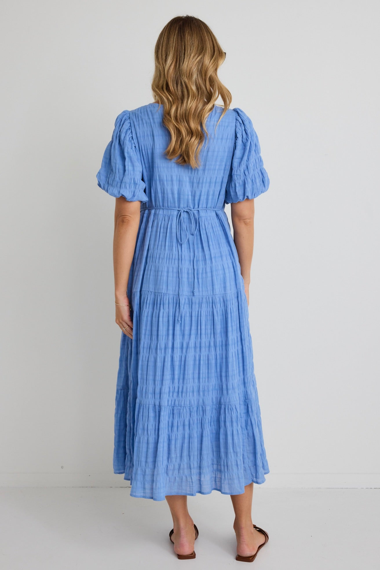 Elegant French Blue Shirred Cotton Bubble Sleeve Tiered Maxi Dress for Women | Summer Beach Wedding Guest Dress | Perfect for Vacations, Parties & Special Occasions