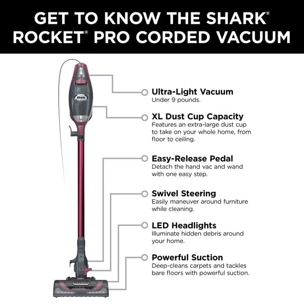 SHARK HV370 Rocket Pro Corded Stick Vacuum Cleaner | Powerful Suction | Lightweight Design | Comet Red (Renewed) | Ideal for Hard Floors, Carpets & Pet Hair Removal