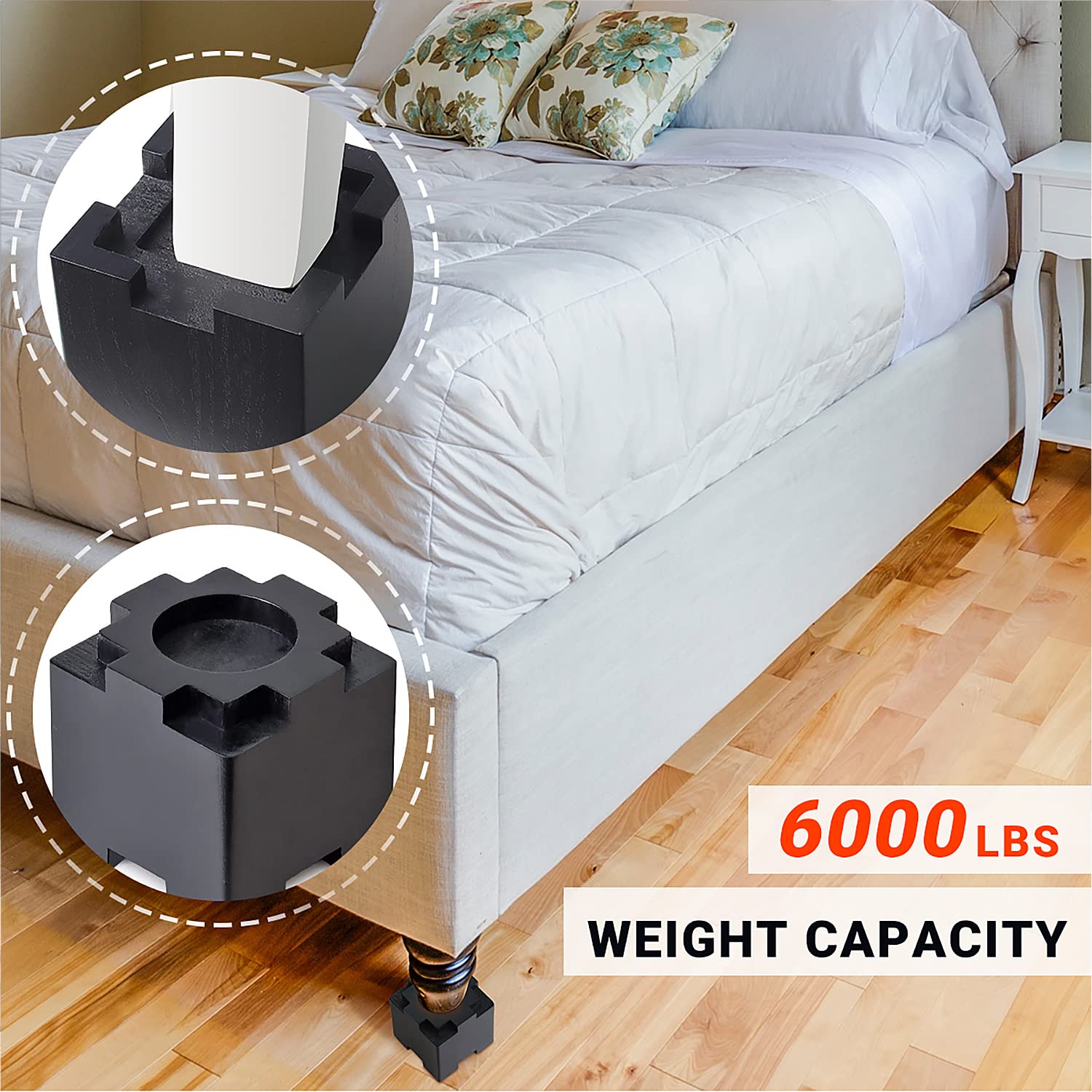 3.5 Inch Wood Bed Risers with Non-Slip Rubber Pads - 4 Pack Sturdy Furniture Risers for Sofa, Couch & Table Legs - Stackable Bed Lifts for Extra Storage Space & Comfort - Black