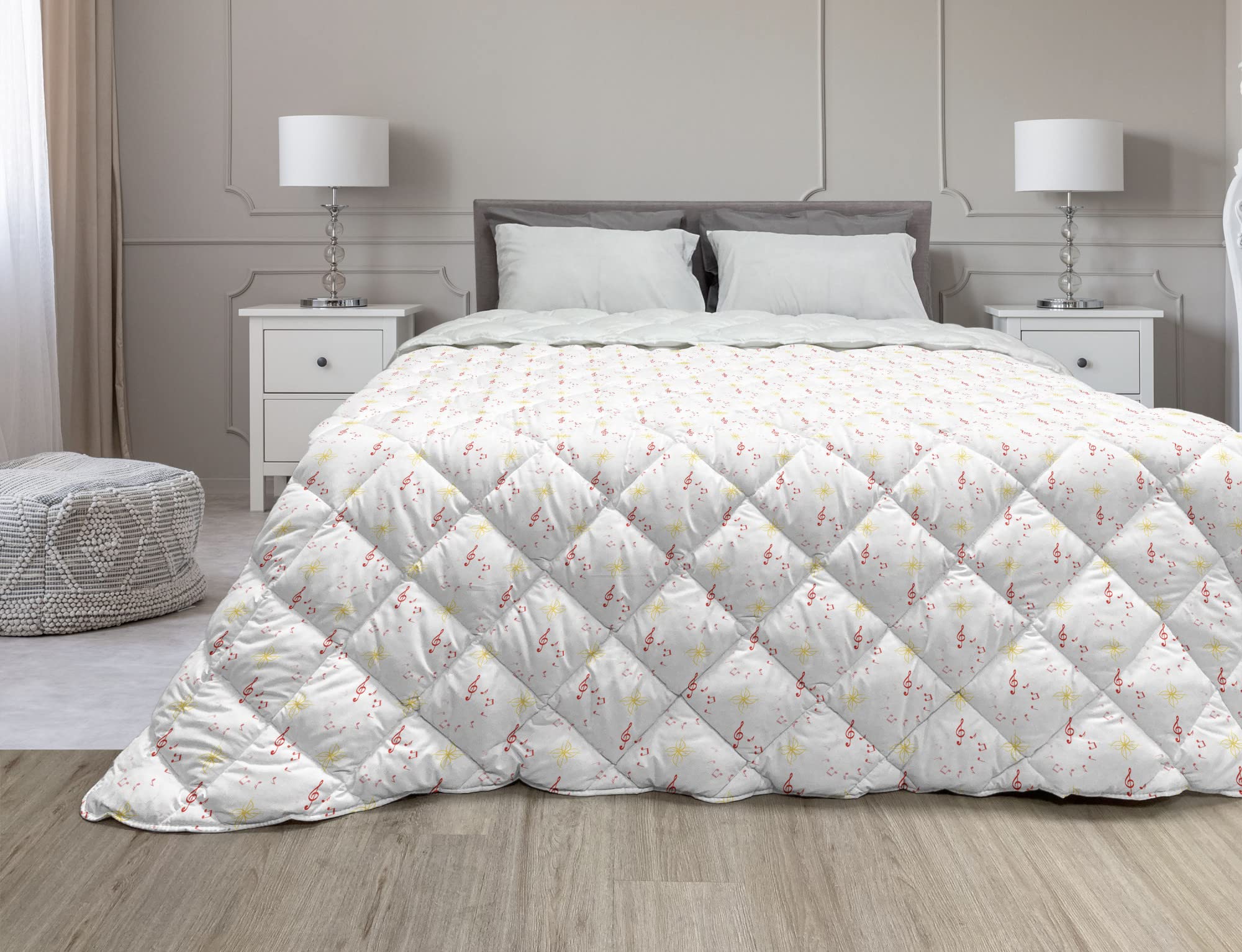 Ambesonne Music Themed Down Alternative Comforter - Twin Size Microfiber Quilt with Musical Clef Notes & Floral Patterns in White Mustard & Red | All-Season Bedding for Teens, Dorms & Guest Rooms