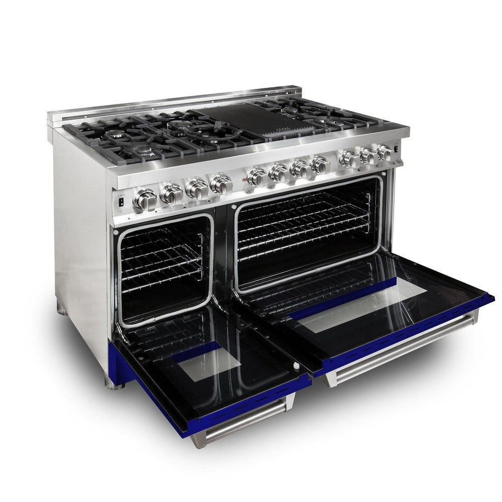 ZLINE 48-Inch 6.0 cu. ft. Dual Fuel Range - Stainless Steel with Blue Gloss Doors, 7-Burner Gas Cooktop & 2 Electric Ovens - Perfect for Professional Kitchens & Home Chefs (RA BG 48)