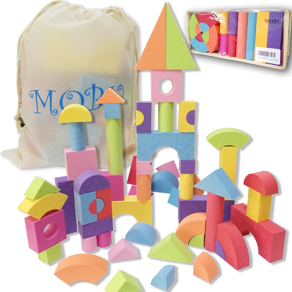 MOBU 50-Piece Soft EVA Foam Building Blocks Set - Safe, Non-Toxic, Bright Color Educational Toys for Toddlers & Kids | Creative DIY Construction Play for Early Learning & Indoor Activities
