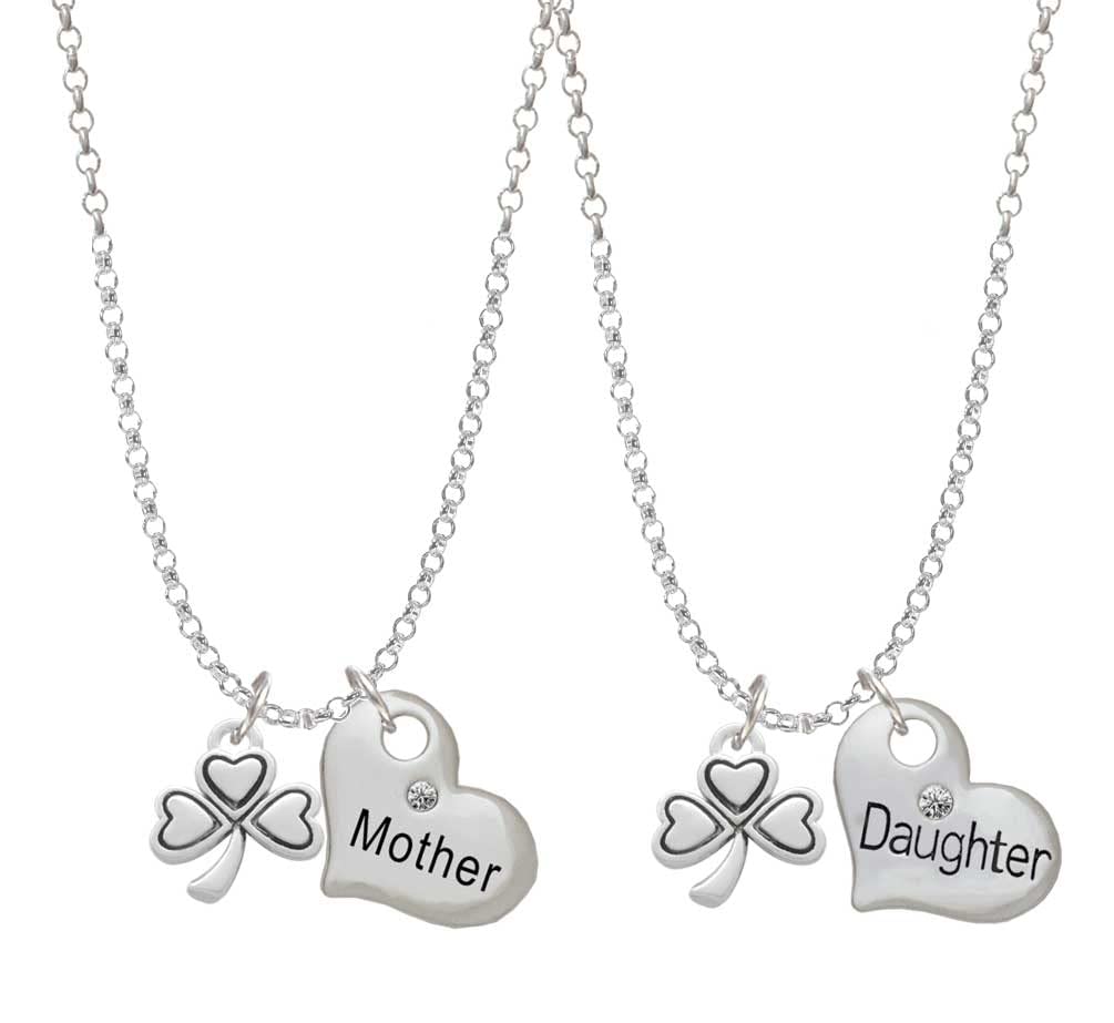 Antique Silver Tone Shamrock Mother Daughter Heart Necklace Set (2 Pcs, 19