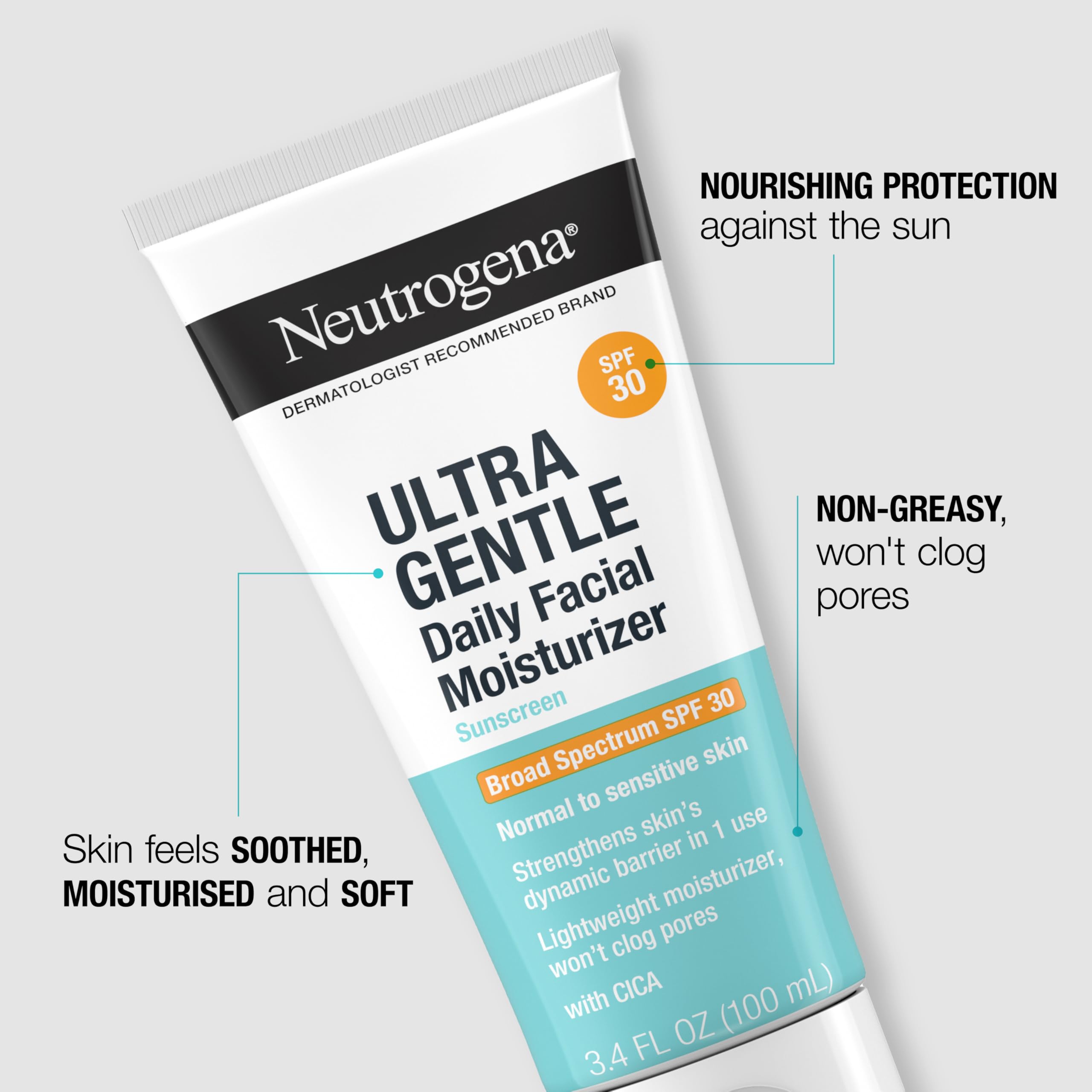 Neutrogena Ultra Gentle Daily Facial Moisturizer with SPF 30 & CICA - Lightweight, Fragrance-Free Face Lotion for Normal to Sensitive Skin | Broad Spectrum Sun Protection | 3.4 fl oz | Perfect for Daily Skincare & Sun Defense Routine