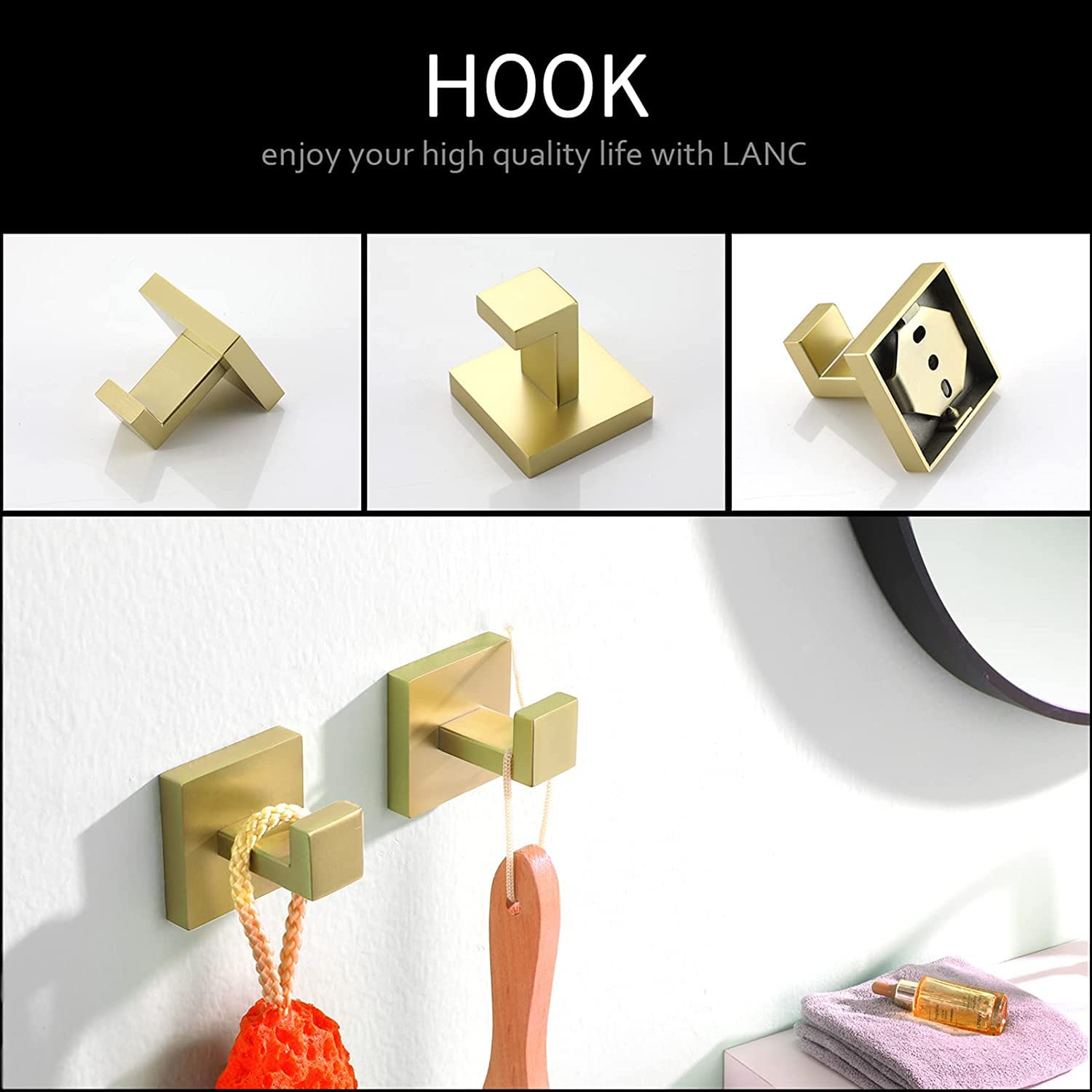 4 Pack Gold Square Towel Hooks - SUS304 Stainless Steel Heavy Duty Wall Mount Hooks for Bathroom, Kitchen & Entryway - Perfect for Hanging Towels, Robes, Coats & Sponges - Rustproof & Durable Bathroom Organization Solution