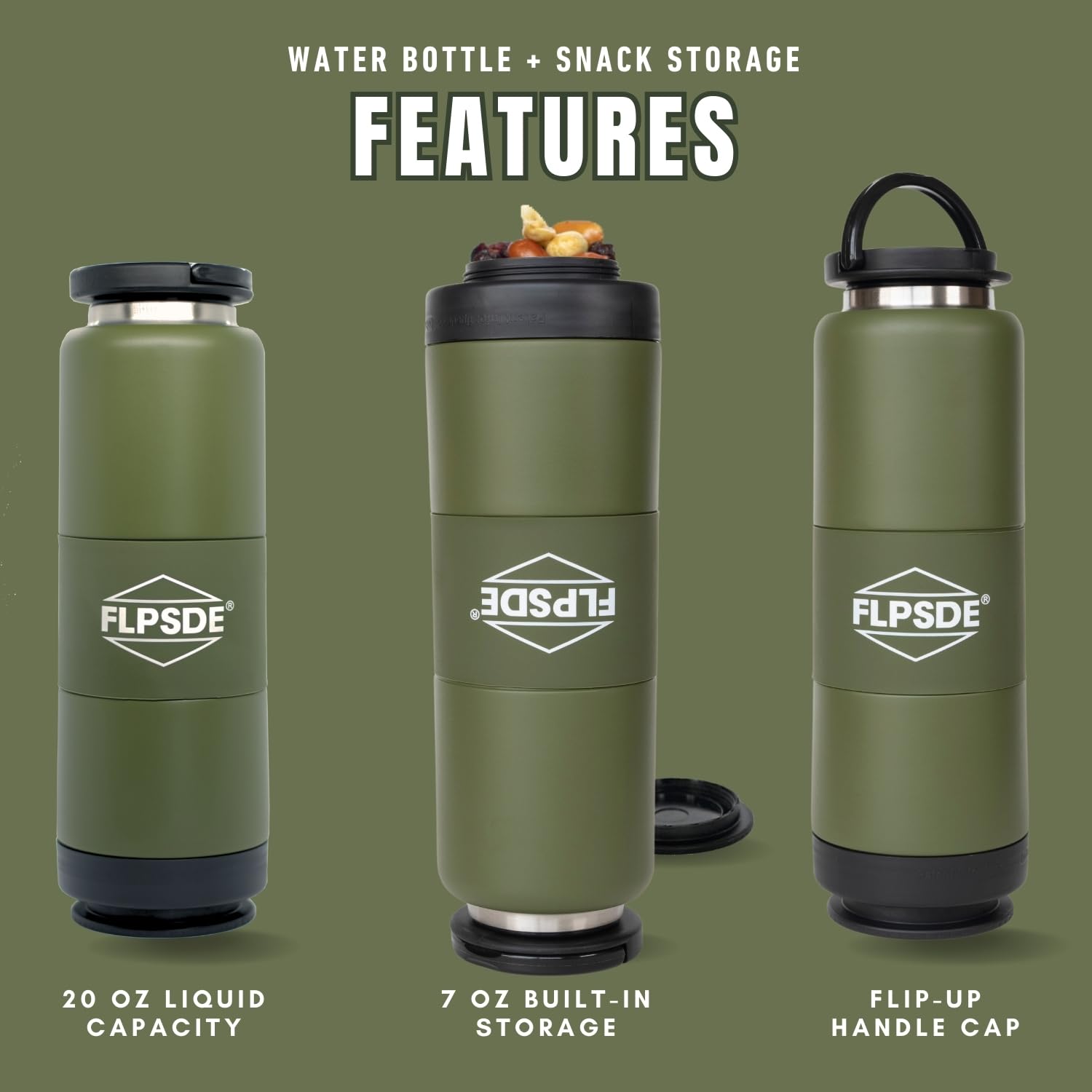 FLPSDE 2 in 1 Stainless Steel Vacuum Insulated Water Bottle with Snack Storage Compartment - 24oz Leakproof Dual Chamber Design for Travel, Gym, Hiking, Office & School - Perfect for Hydration & Healthy Snacking On The Go