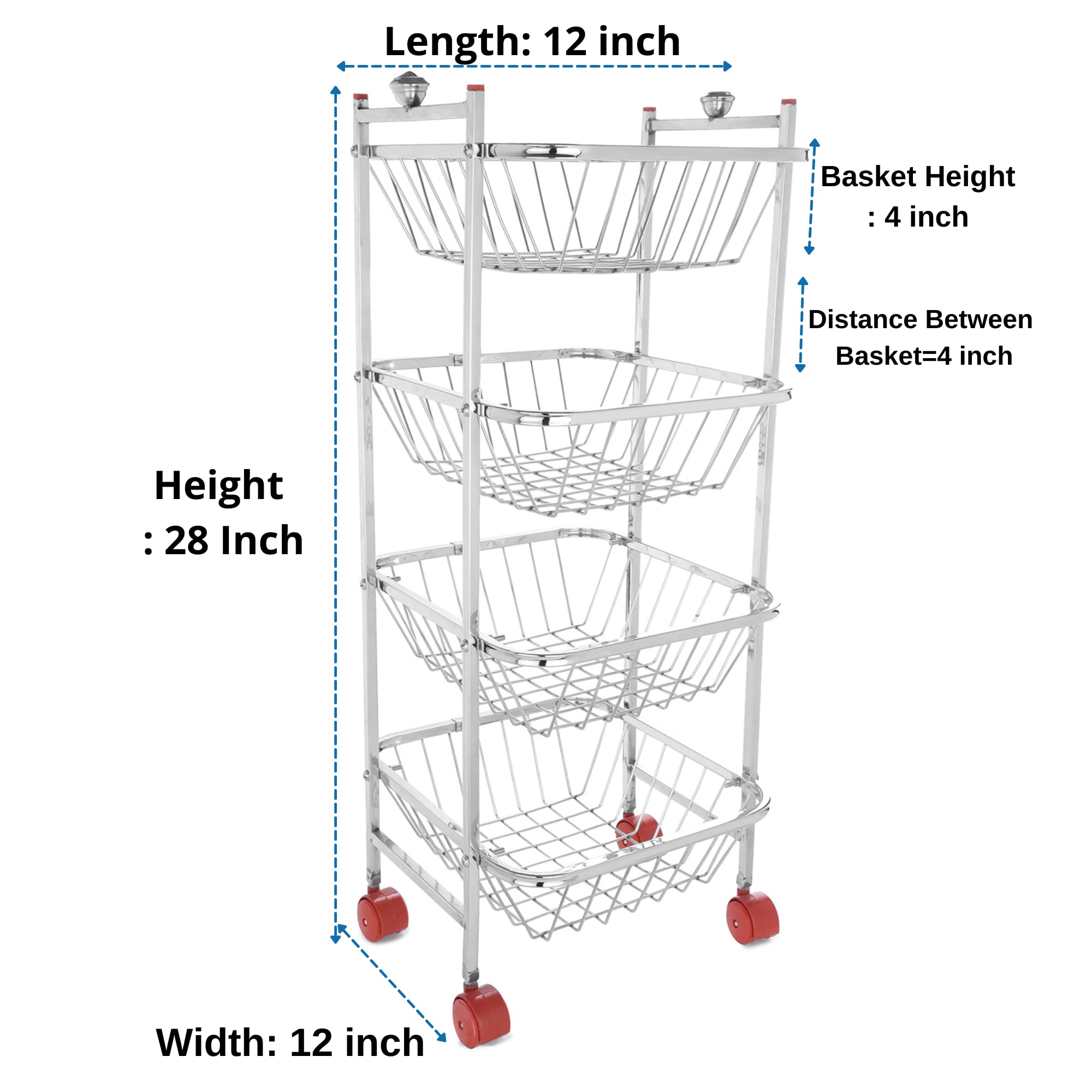 LiMETRO 4-Tier Stainless Steel Kitchen Cart - Vegetable & Fruit Storage Basket Organizer for Onions, Potatoes, Pantry - Space Saving Rolling Trolley for Kitchen, Dining Room, Supermarket, Restaurant