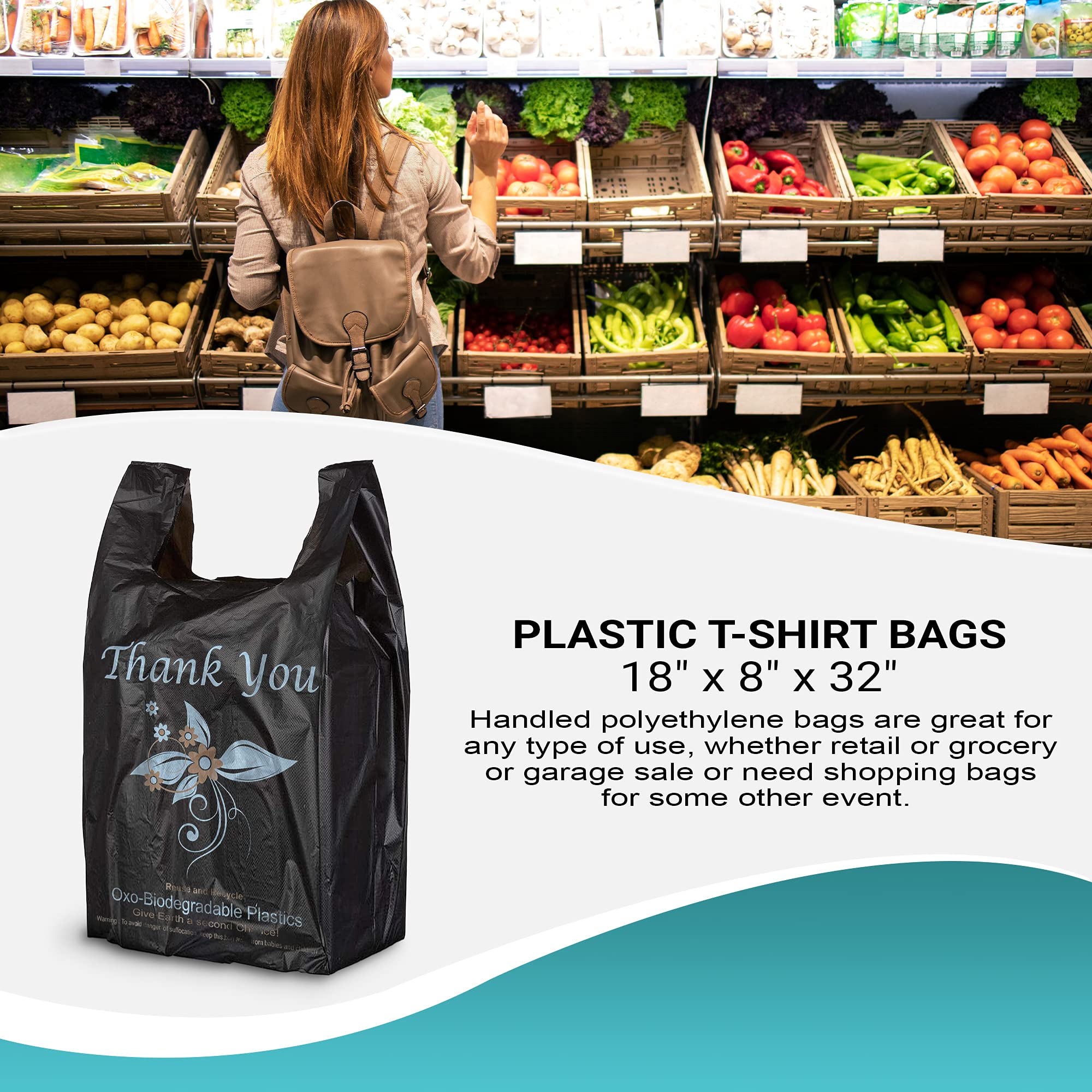APQ 400 Pack Thank You Plastic Bags 18x8x32 Inches - 18 Micron Thick Black T-Shirt Carry Out Bags | Durable Preprinted Retail Shopping Bags for Stores, Restaurants & Clothing Boutiques | Perfect for Gift Packaging, Takeout Orders & Customer Purchases