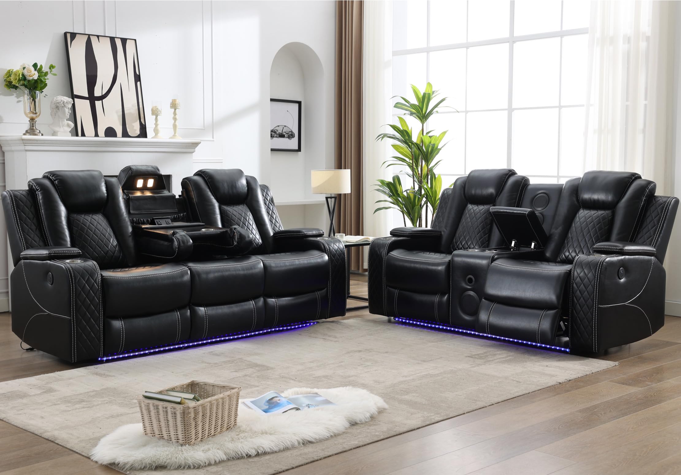 Premium 3-Piece Leather Recliner Sofa Set with Built-in Bass Speakers, Wireless Charger & LED Lights - Black Power Reclining Living Room Couch for Home Theater, RV, and Family Movie Nights