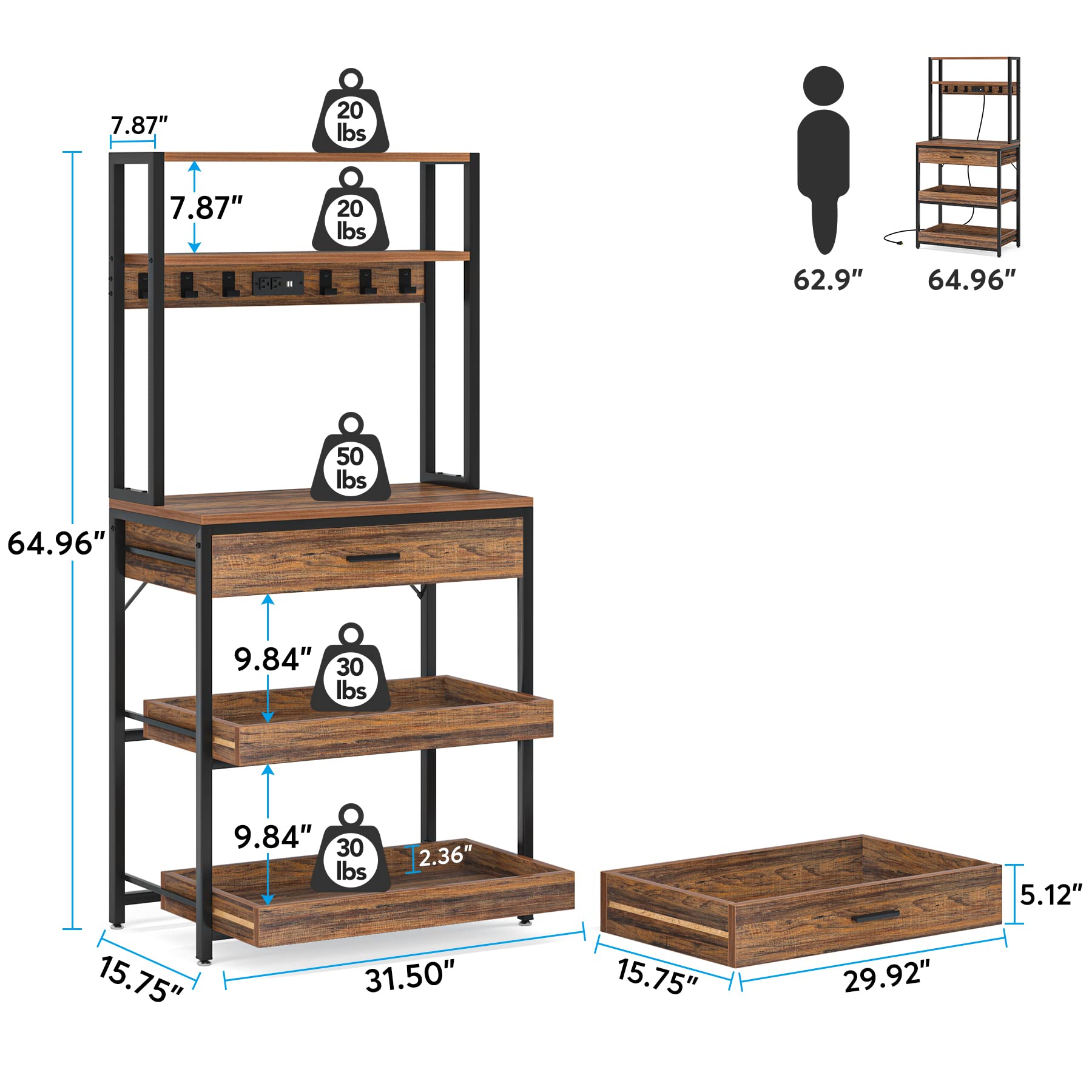 Tribesigns 5-Tier Kitchen Bakers Rack with Power Outlets & Drawer - Freestanding Microwave Stand with Sliding Shelves, Coffee Bar & 6 Hooks - Rustic Brown Kitchen Storage Shelf for Small Spaces, Apartments & Home Organization