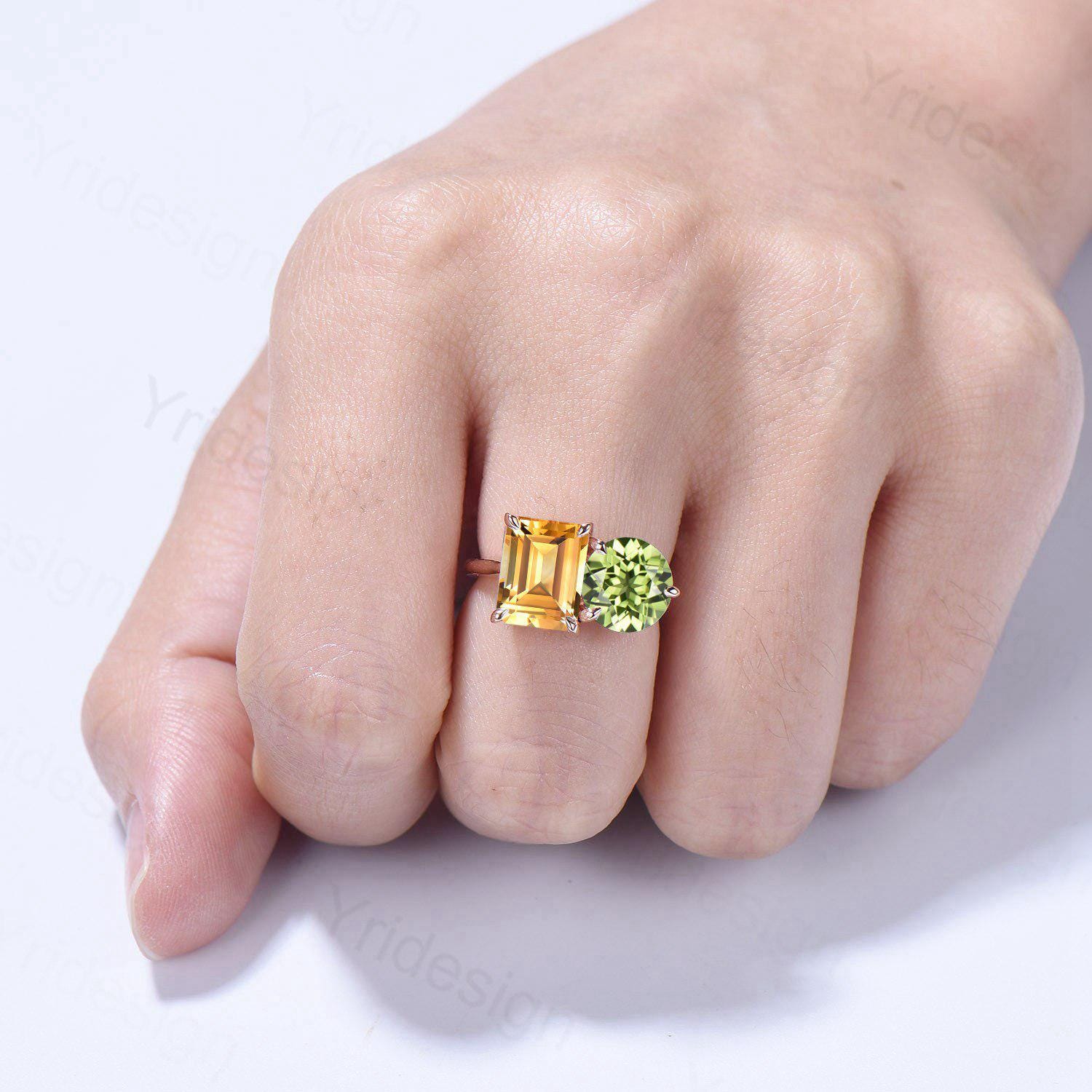 Minimalist Two Stone Engagement Ring 14K Rose Gold - Emerald Cut Citrine & Round Peridot Wedding Band - Anniversary Bridal Jewelry Gift for Her - Perfect for Proposals, Weddings & Romantic Occasions