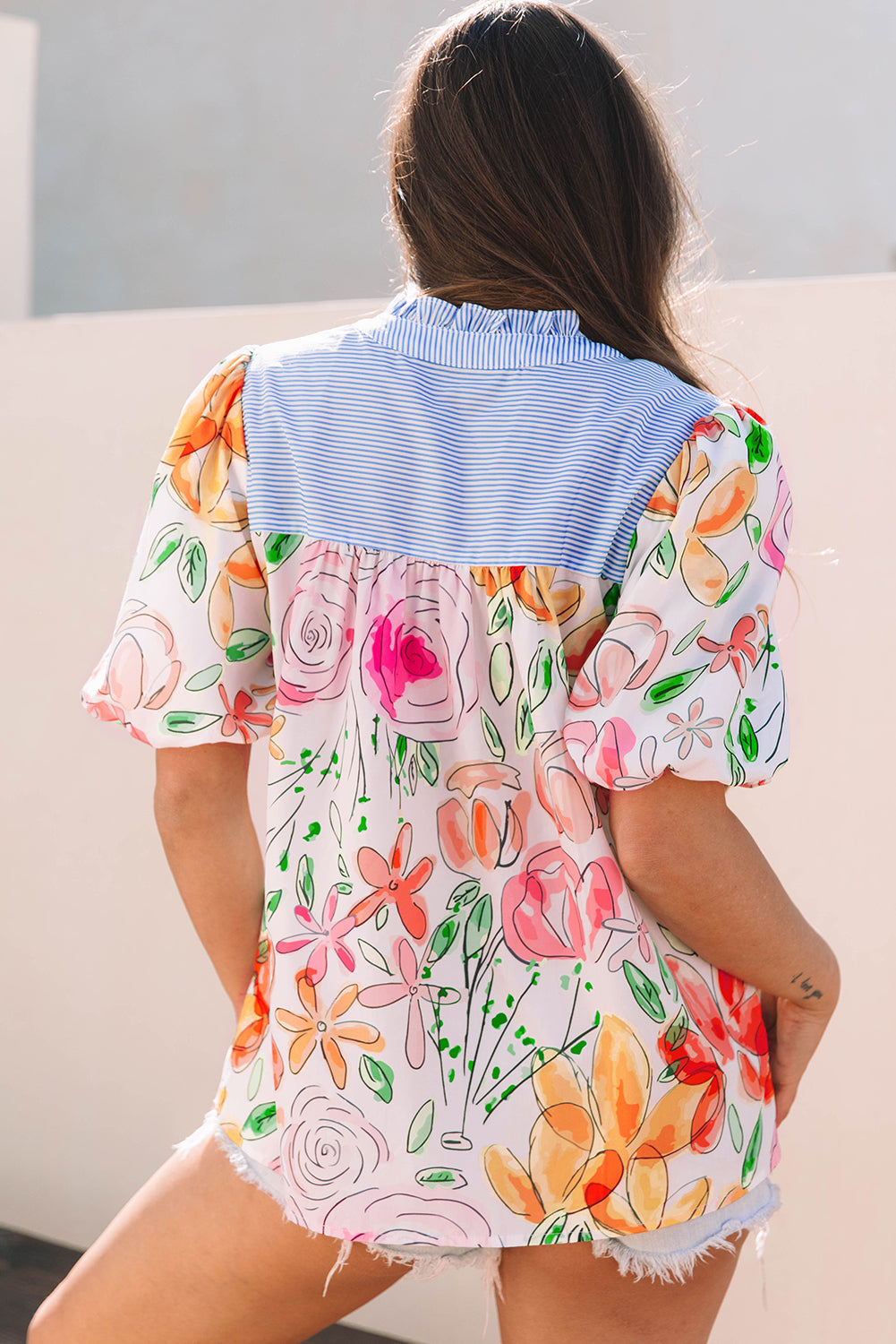 Stylish Cameron Floral Striped Blouse with Puff Short Sleeves & Frilled V-Neck - Perfect for Office Wear, Date Nights & Spring Outfits