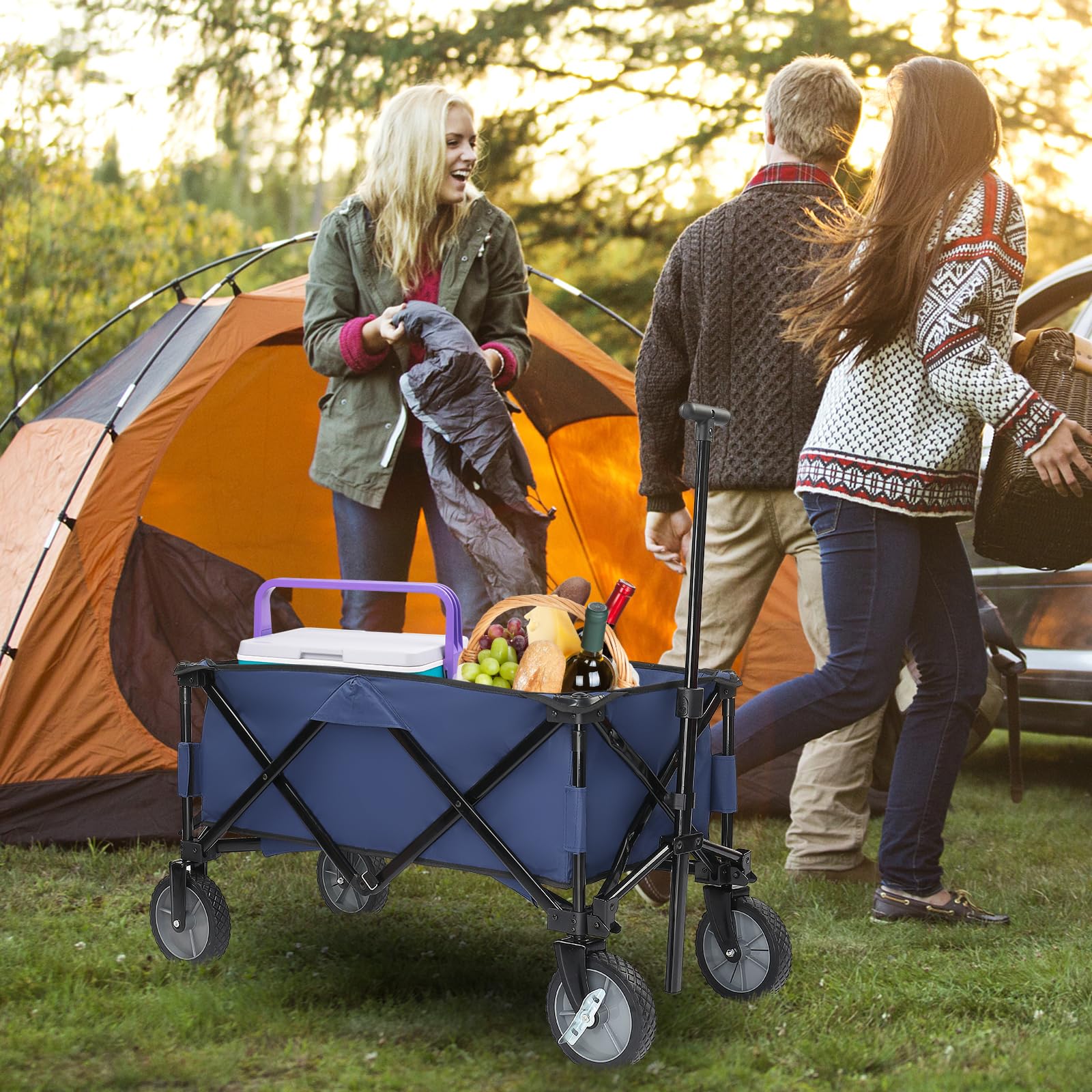 VINGLI Portable Collapsible Utility Wagon - Heavy Duty Folding Garden Cart with Steel Frame & Compact Wheels for Outdoor, Beach, Camping, Shopping | Perfect for Picnics, Groceries, and Sports Equipment Transport (Blue)