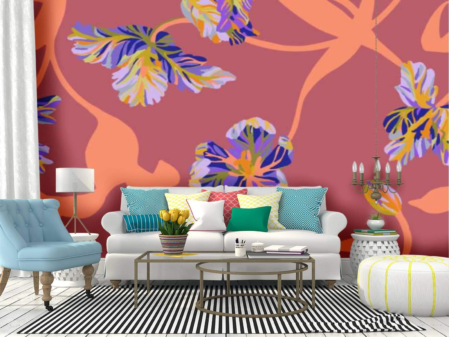 SKIWA Floral Self-Adhesive Wallpaper Roll - Peel and Stick Removable Wall Mural with Seamless Pattern for Home Decor, Bedroom, Living Room Covering