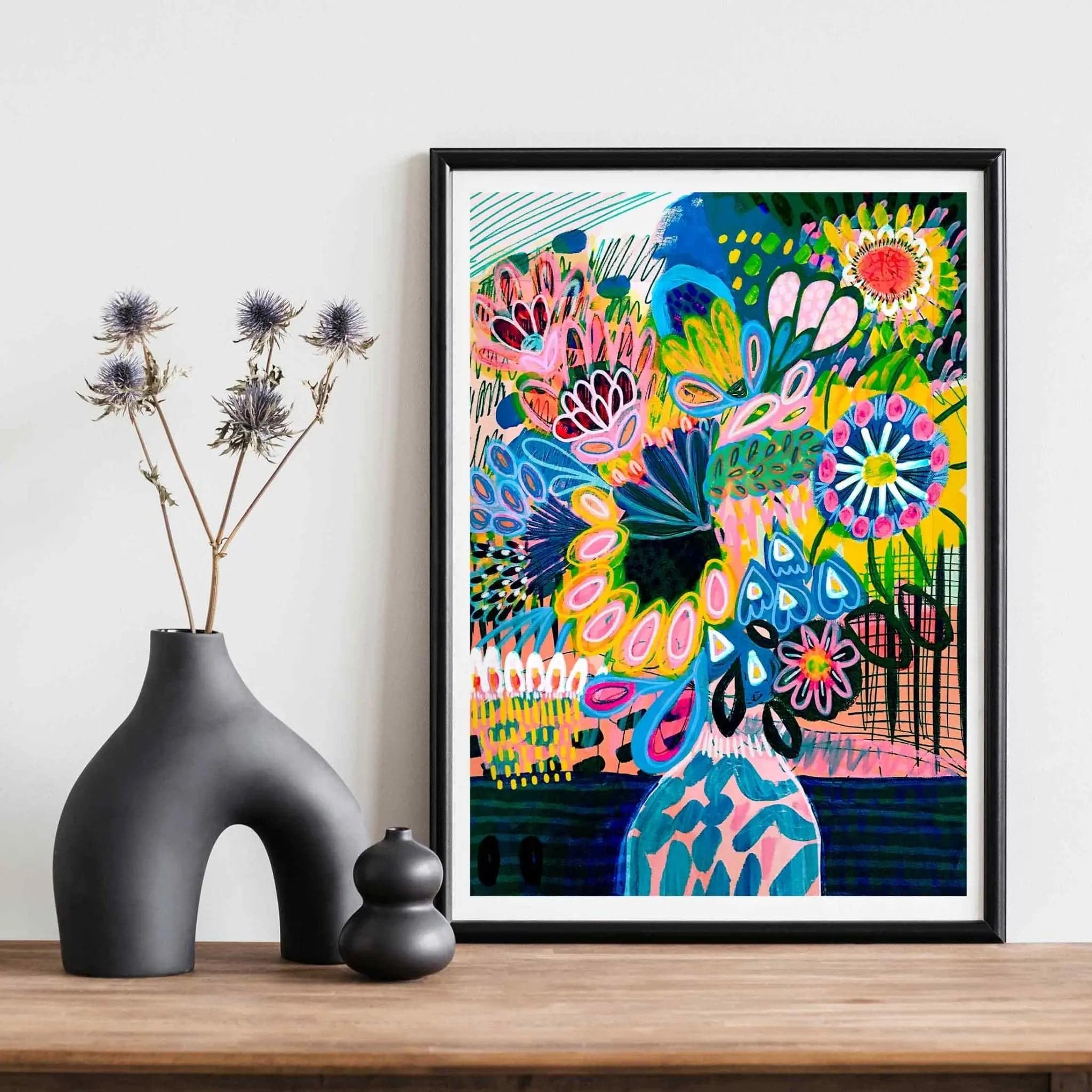 Abstract Floral Wall Art Print - Modern Canvas Painting of Flowers in Vase for Living Room & Bedroom Decor