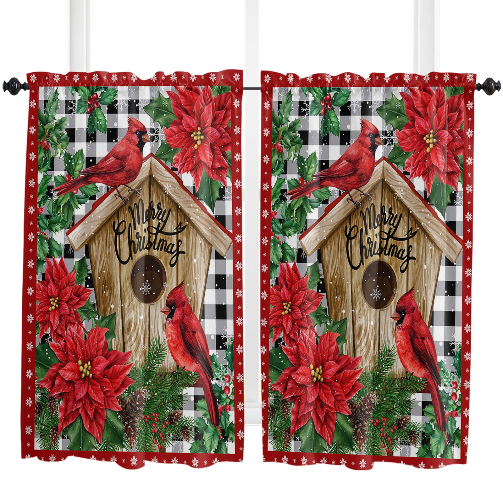 DecorLovee Christmas Rod Pocket Curtains 42x45 Inches - Red Xmas Bird Poinsettia Snowflake Black White Plaid Kitchen & Bedroom Window Treatments - Perfect for Half Windows, Patio Doors, and Holiday Home Decor