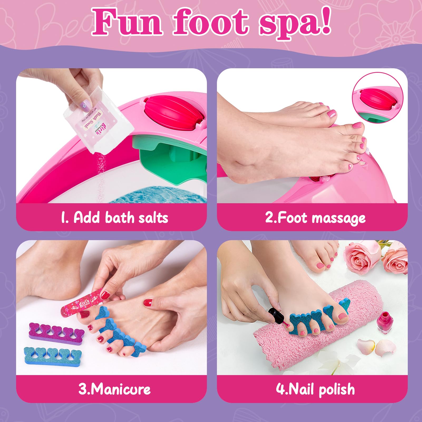 Kids Foot Spa & Nail Care Kit - Girls Manicure Pedicure Set with Massage Soak Tub & Nail Dryer | Perfect for Spa Day, Birthday & Christmas Gifts for Girls Ages 5-12 | Fun Salon Pretend Play & Relaxation at Home