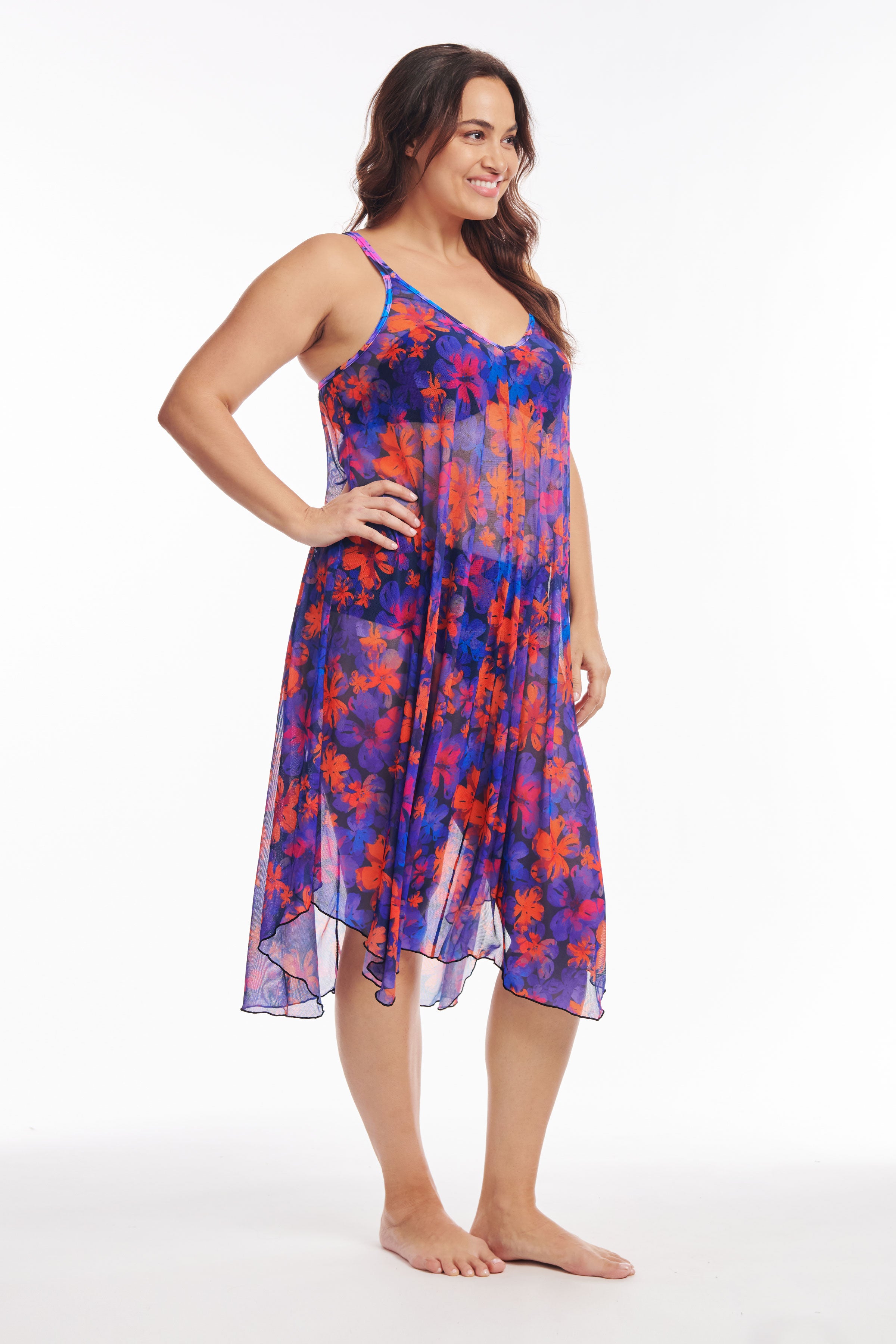 Plus Size Mid Length Flowy Mesh Coverup Tank Dress in Iridescent Blooms - Beach Cover Up, Summer Vacation Outfit, Boho Festival Wear