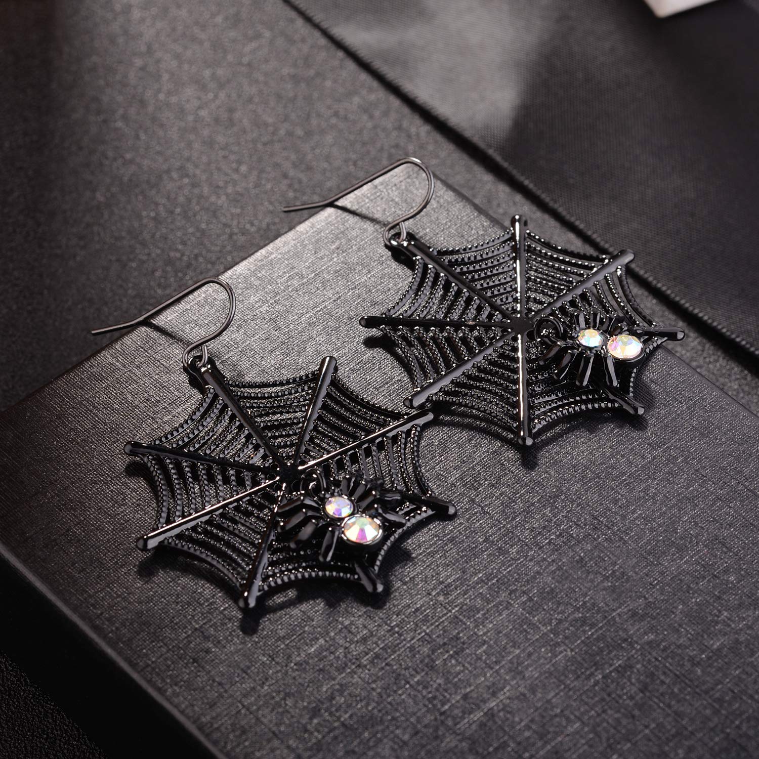 Black Spider Web Iridescent Dangle Earrings for Women - Gothic Halloween & Christmas Party Jewelry - Elegant Multi-Spider Back Design for Costume Accessories
