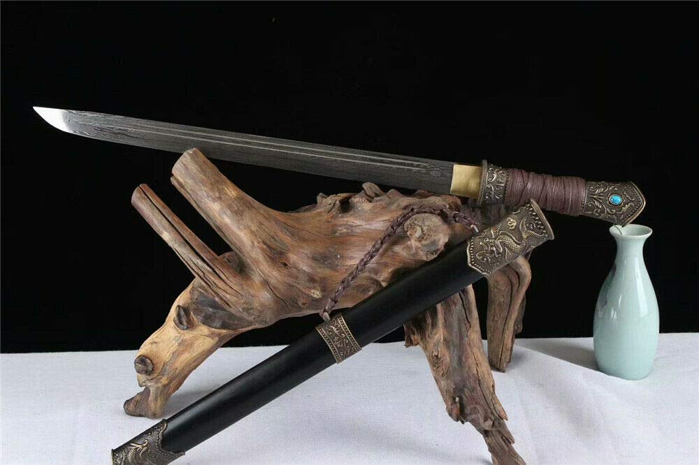Handmade Damascus Folded Steel Chinese Fish Dragon Tang Sword - Authentic Dragon & Fish Handle Design - Perfect for Martial Arts Training, Collecting, and Home Decor