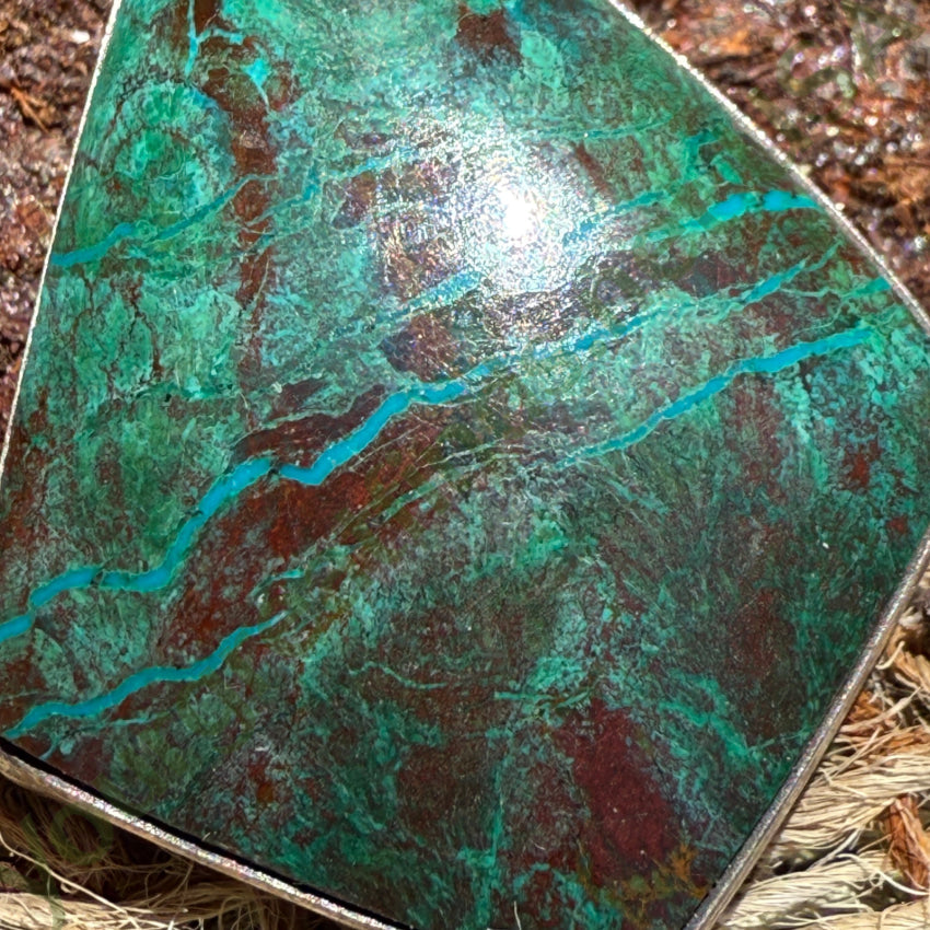 Vintage 950 Sterling Silver Chrysocolla Parrot Wing Pendant - Dark Green Gemstone Jewelry for Women, Unique Handmade Necklace Gift for Birthday, Anniversary & Special Occasions