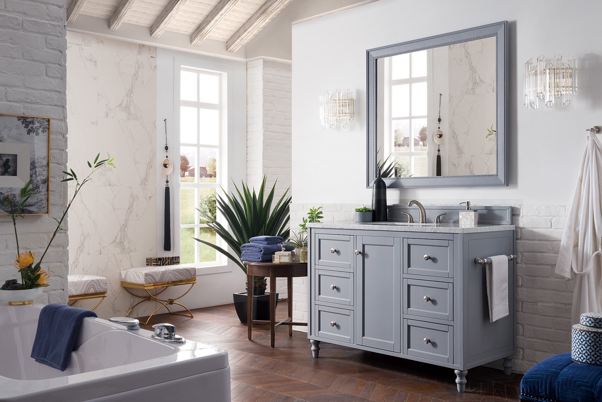 Copper Cove Encore 48 Inch Single Bathroom Vanity with 3CM Carrara Marble Top in Silver Gray - Perfect for Modern Master Bathrooms & Powder Rooms