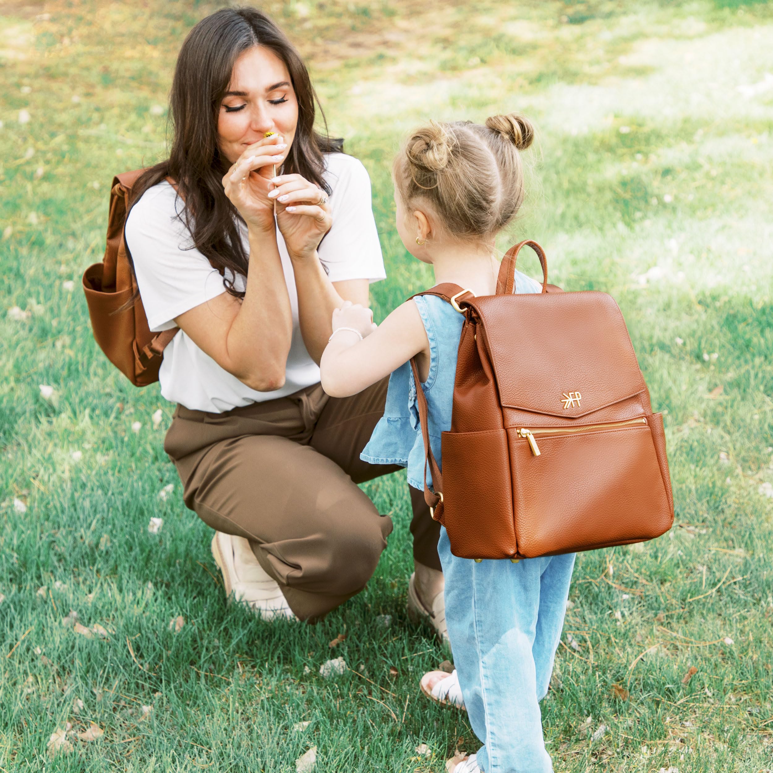 Freshly Picked Mini Classic Diaper Bag Backpack - Wipeable Vegan Leather with 8 Pockets (Cognac) - Perfect for Baby Essentials, Travel & On-the-Go Parents