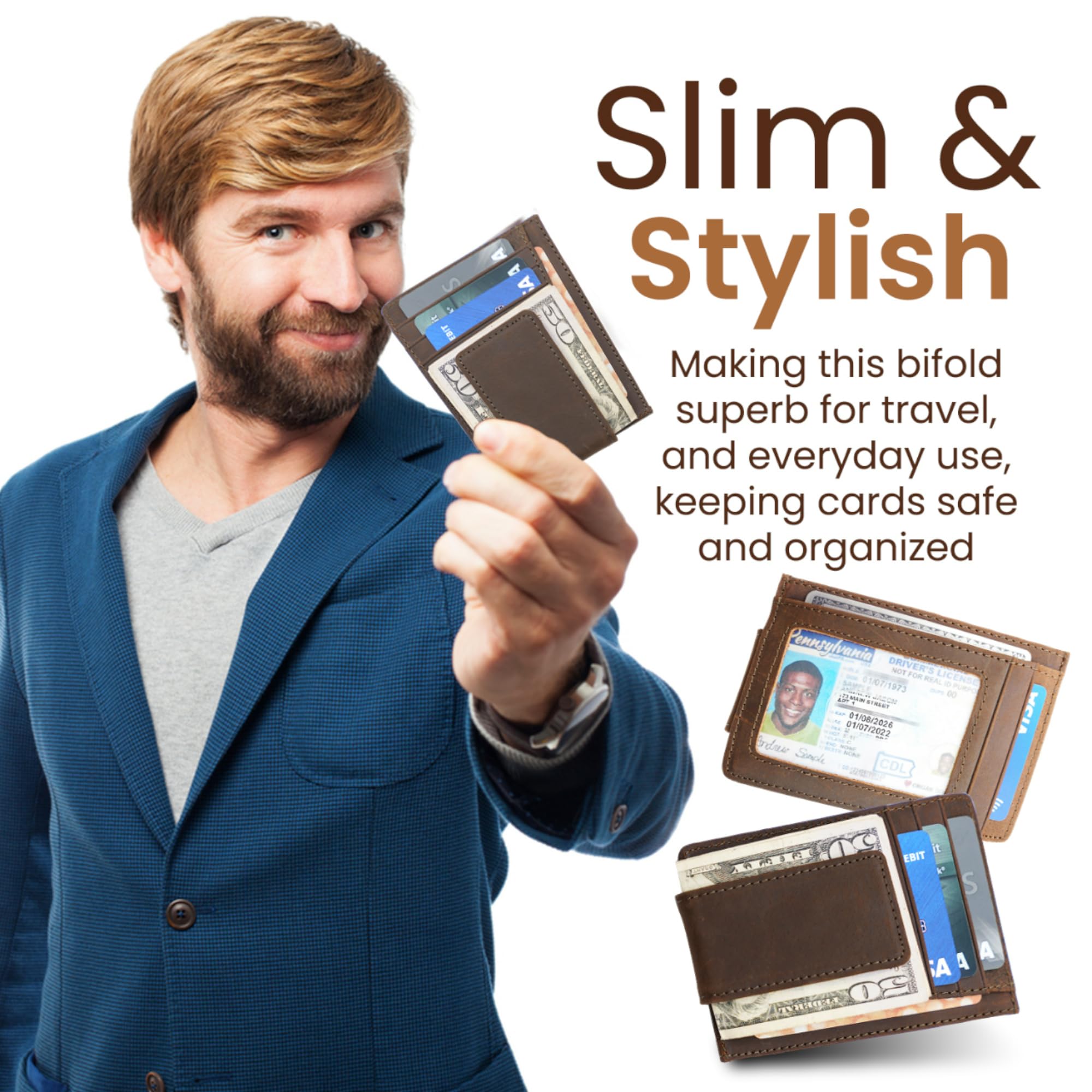 Personalized Leather Magnetic Money Clip Wallet for Men - RFID Blocking Credit Card Holder with ID Window & Strong Magnetic Clip - Laser Engraved Minimalist Wallet (Dark Brown) - Perfect Gift for Business Travel & Everyday Carry