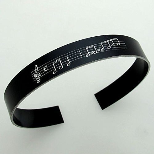 Personalized Music Note Engraved Cuff Bracelet - Unique Custom Jewelry Gift for Musicians & Music Lovers - Black Leather Band - Perfect for Concerts, Gifts & Music Themed Events