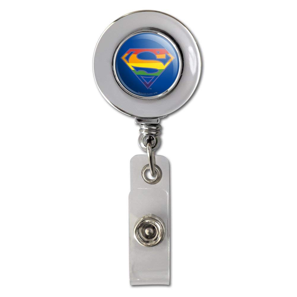 Superman Rainbow Shield Logo Retractable ID Badge Holder - Chrome Metal Clip for Work Security, Comic Con & Cosplay Events