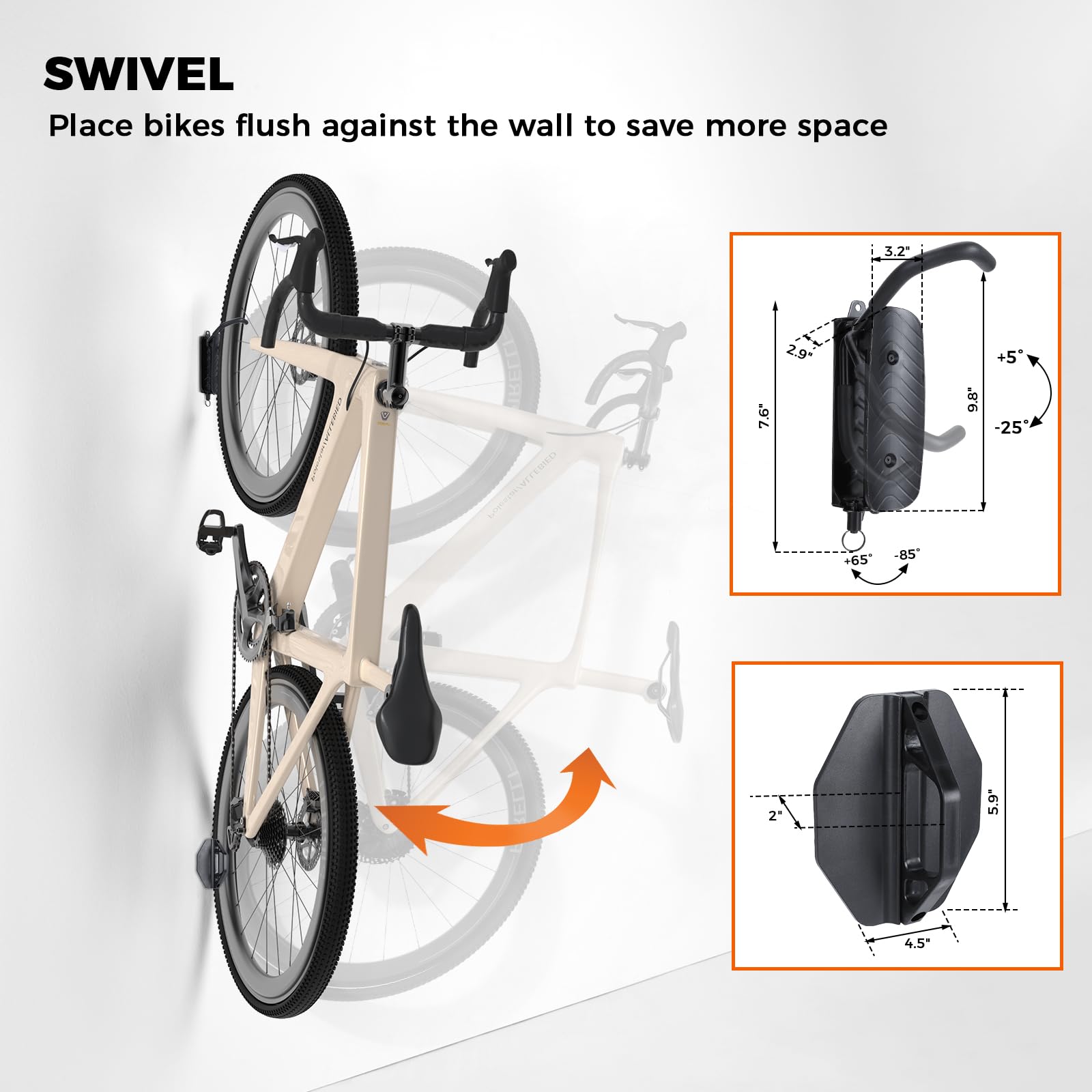 2 Pack Heavy Duty Swivel Bike Wall Mount - Space Saving Vertical Bike Hanger for Garage & Home - Holds Up to 66 lbs - Sturdy Wall Mounted Bike Rack for Road, Mountain & Kids Bikes - Perfect for Small Spaces & Bike Storage Organization (Black)